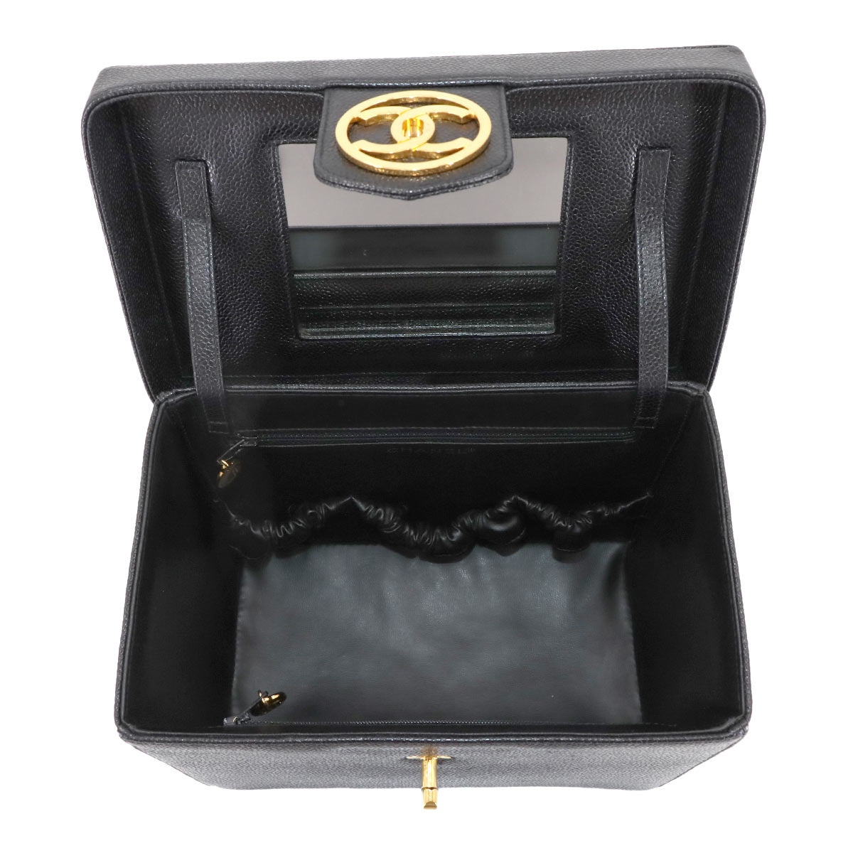 Cavier Skin Vanity 2way Hand Bag Leather Black A01999 Purse