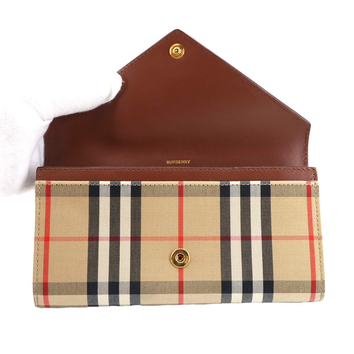 BURBERRY Vintage Check Long Wallet Canvas Leather Brown Beige