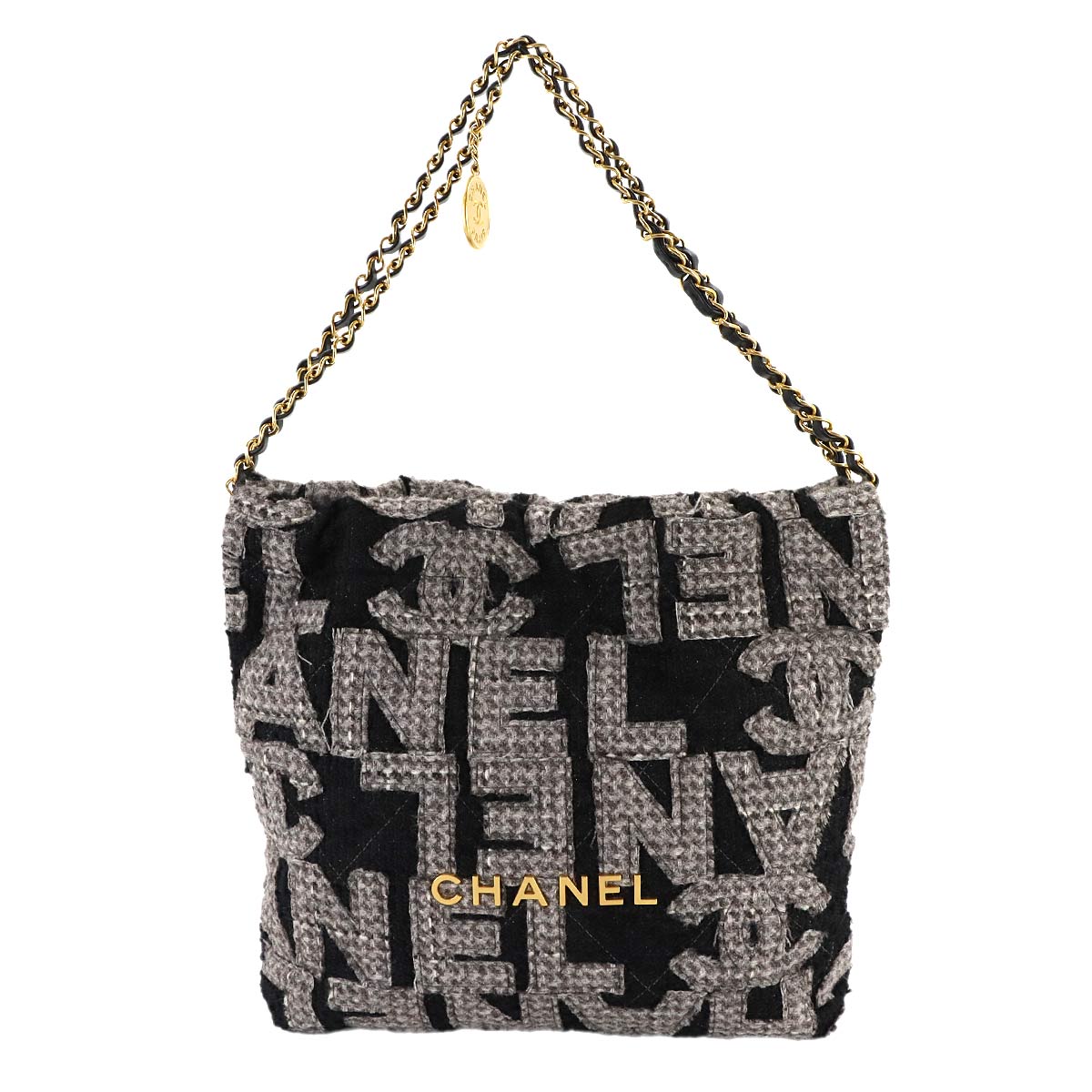 22 Small Chain Shoulder Bag Tweed Leather Black Gray AS3260