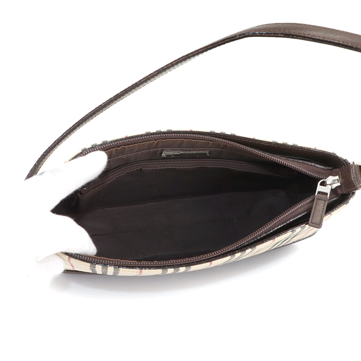 Plaid Shoulder Bag Canvas Leather Beige Brown Purse