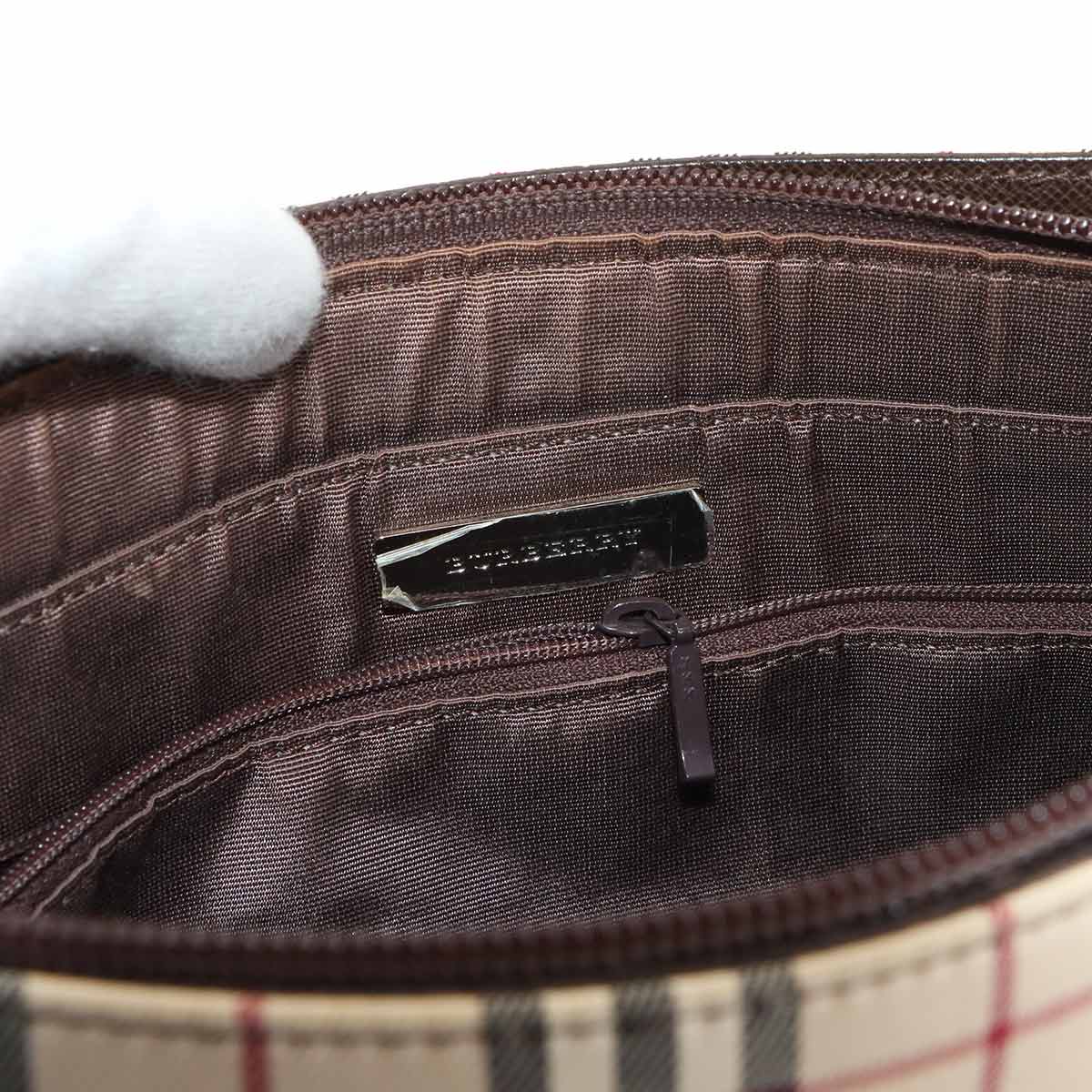 Plaid Shoulder Bag Canvas Leather Beige Brown Purse