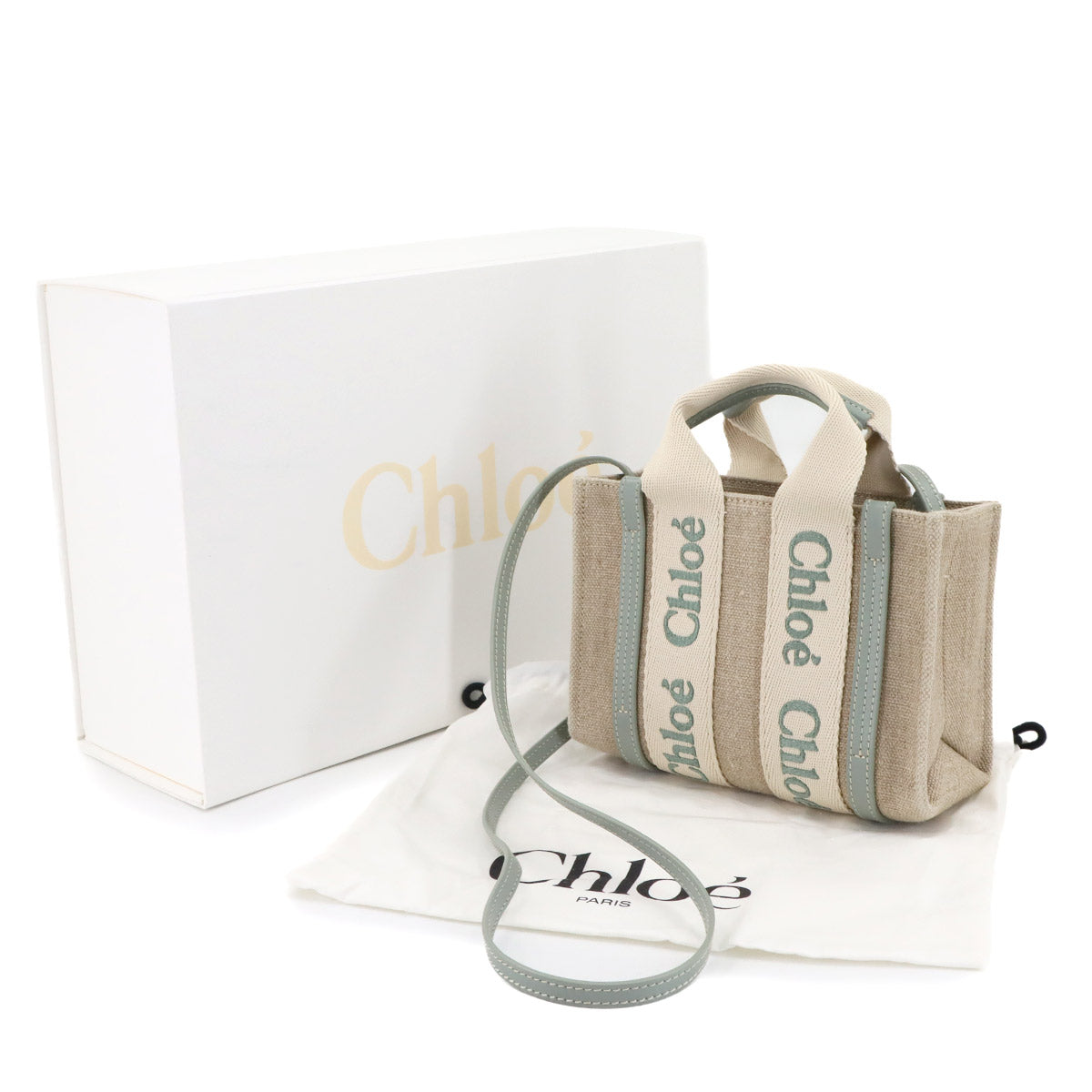 Woody Mini Tote Shoulder Bag Canvas Leather Beige Bluish Green