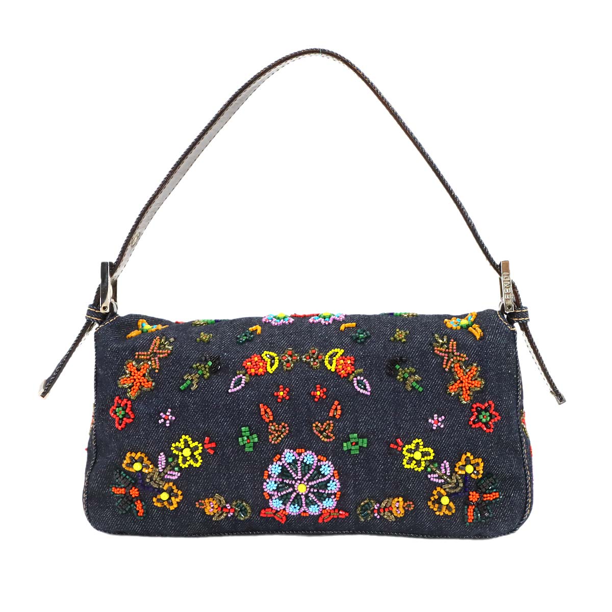 Mamma Baguette Shoulder Bag Denim Navy Beaded embroidery