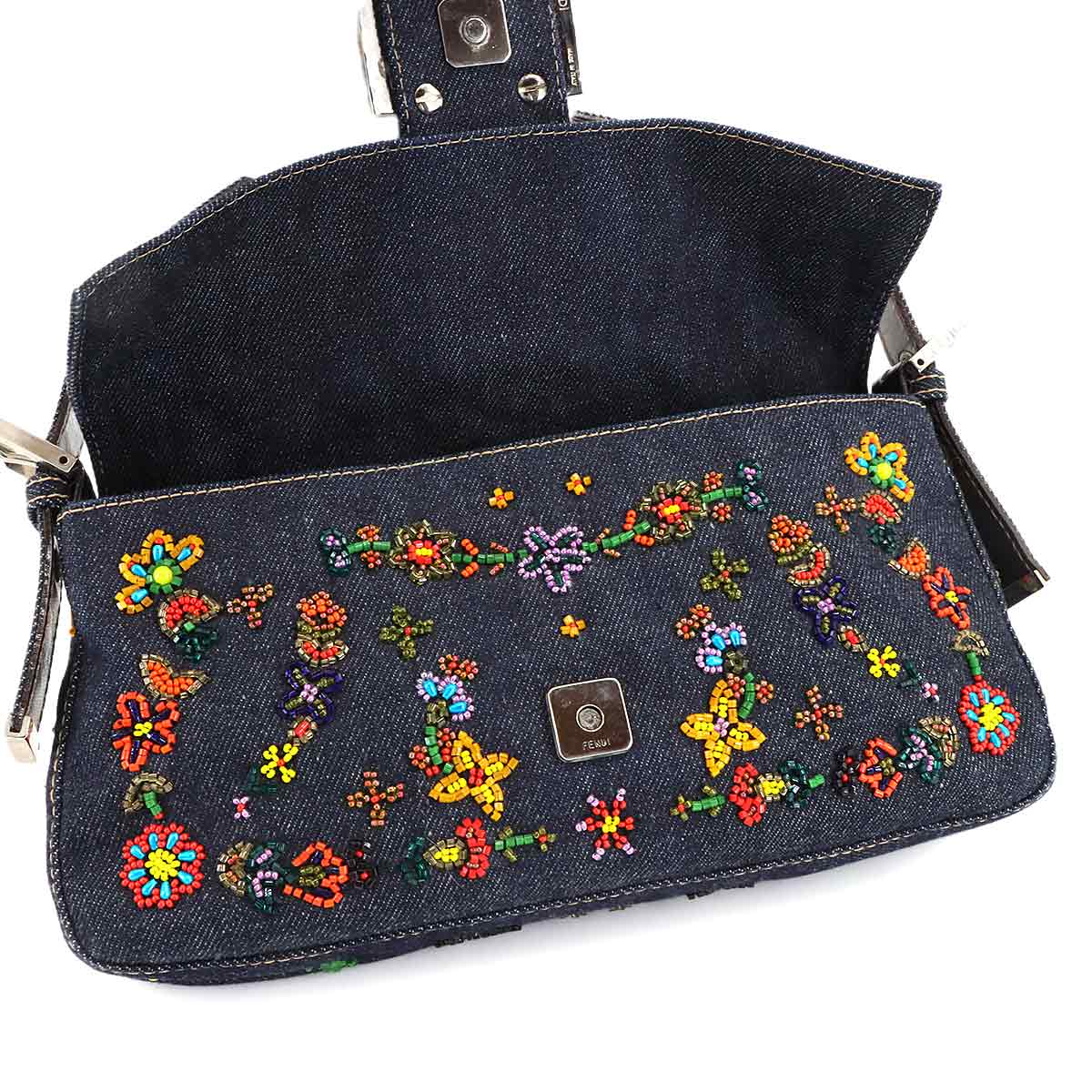 Mamma Baguette Shoulder Bag Denim Navy Beaded embroidery