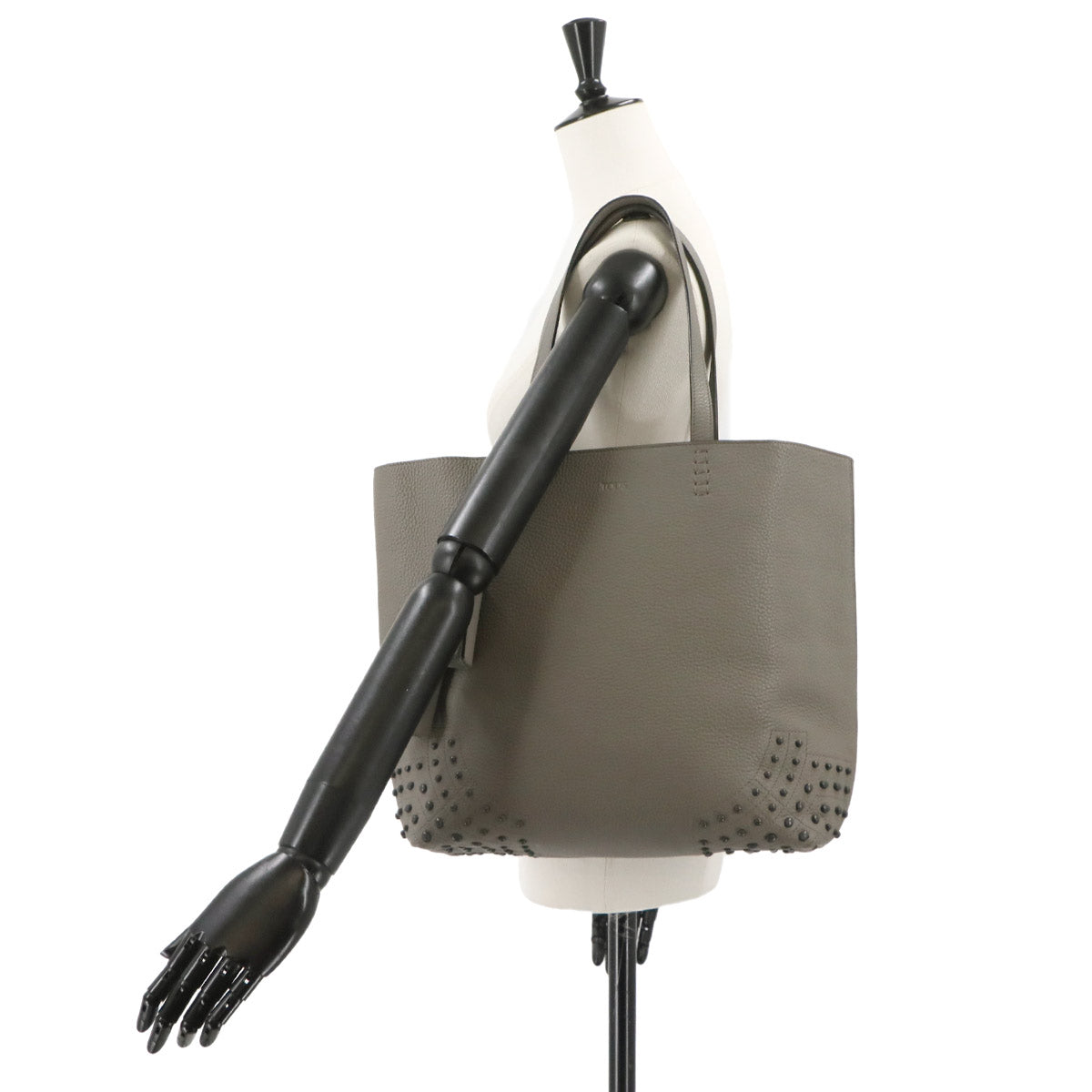 Wave Tote Bag Leather Gray Studs Tassel