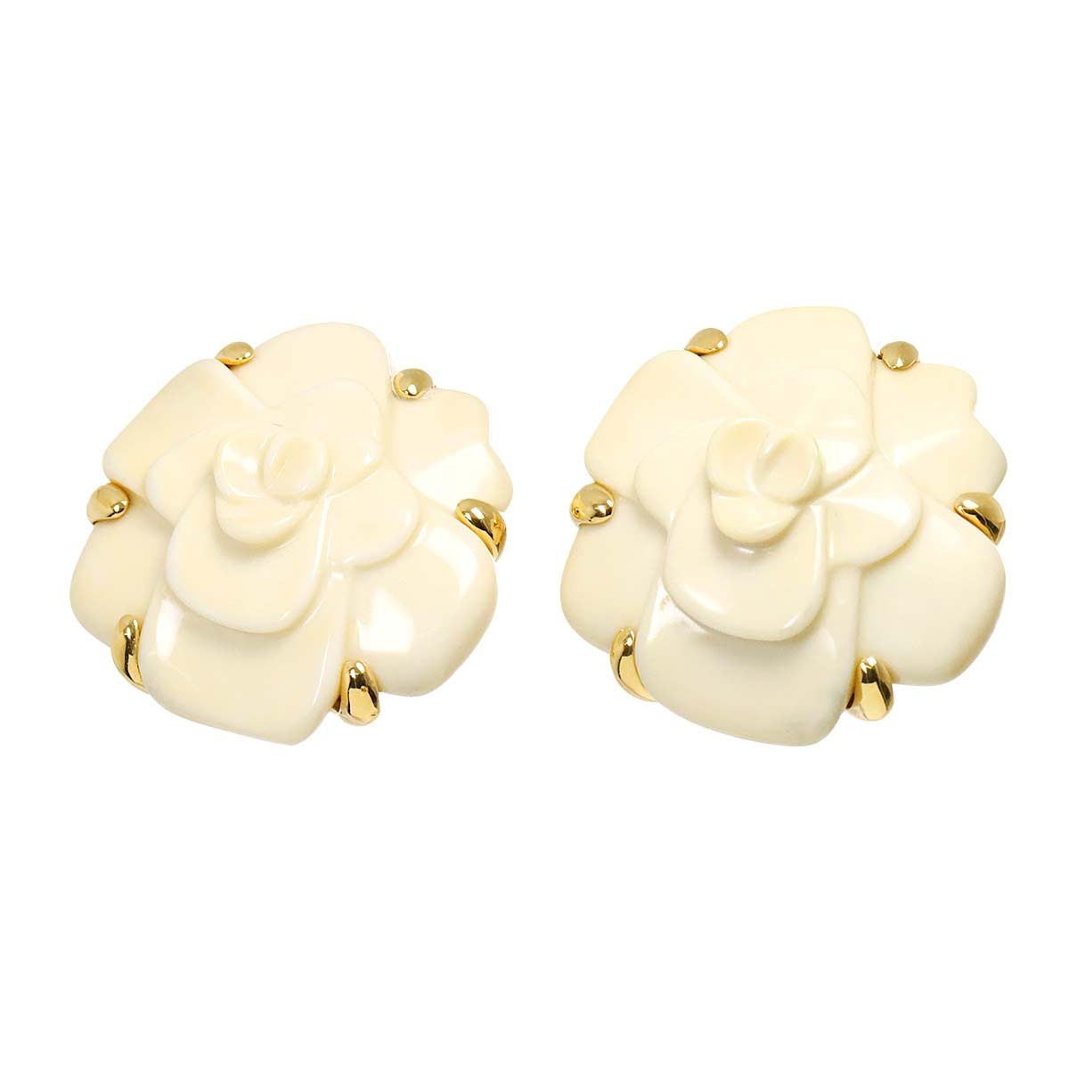 Camelia Cacholong Earrings Clip on 18K Yellow Gold 750