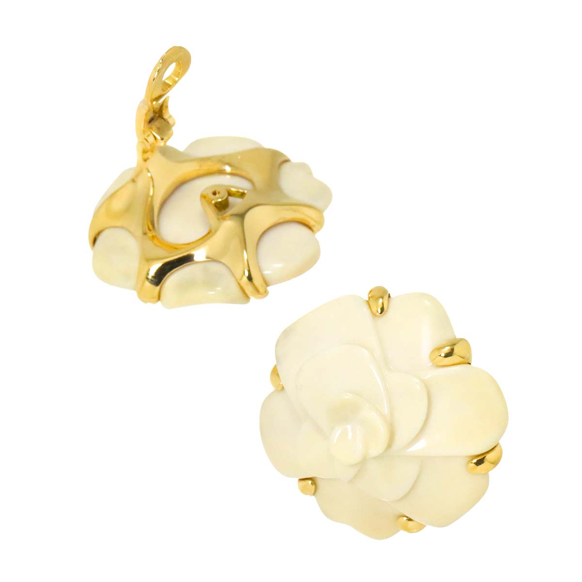 Camelia Cacholong Earrings Clip on 18K Yellow Gold 750