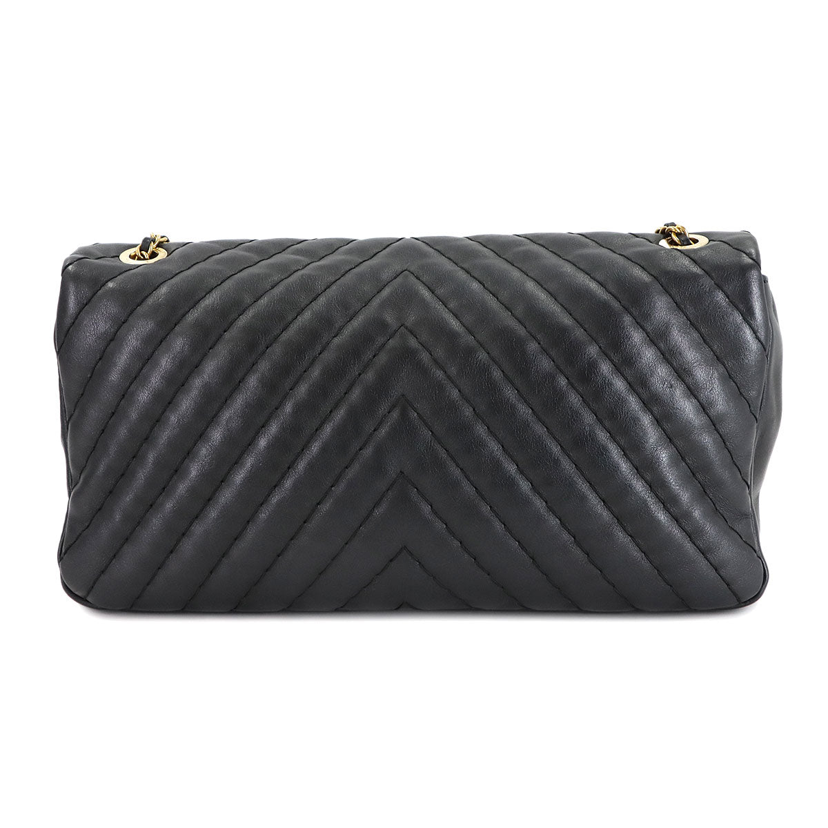 Chevron V Stitch Chain Shoulder Bag Leather Black Purse