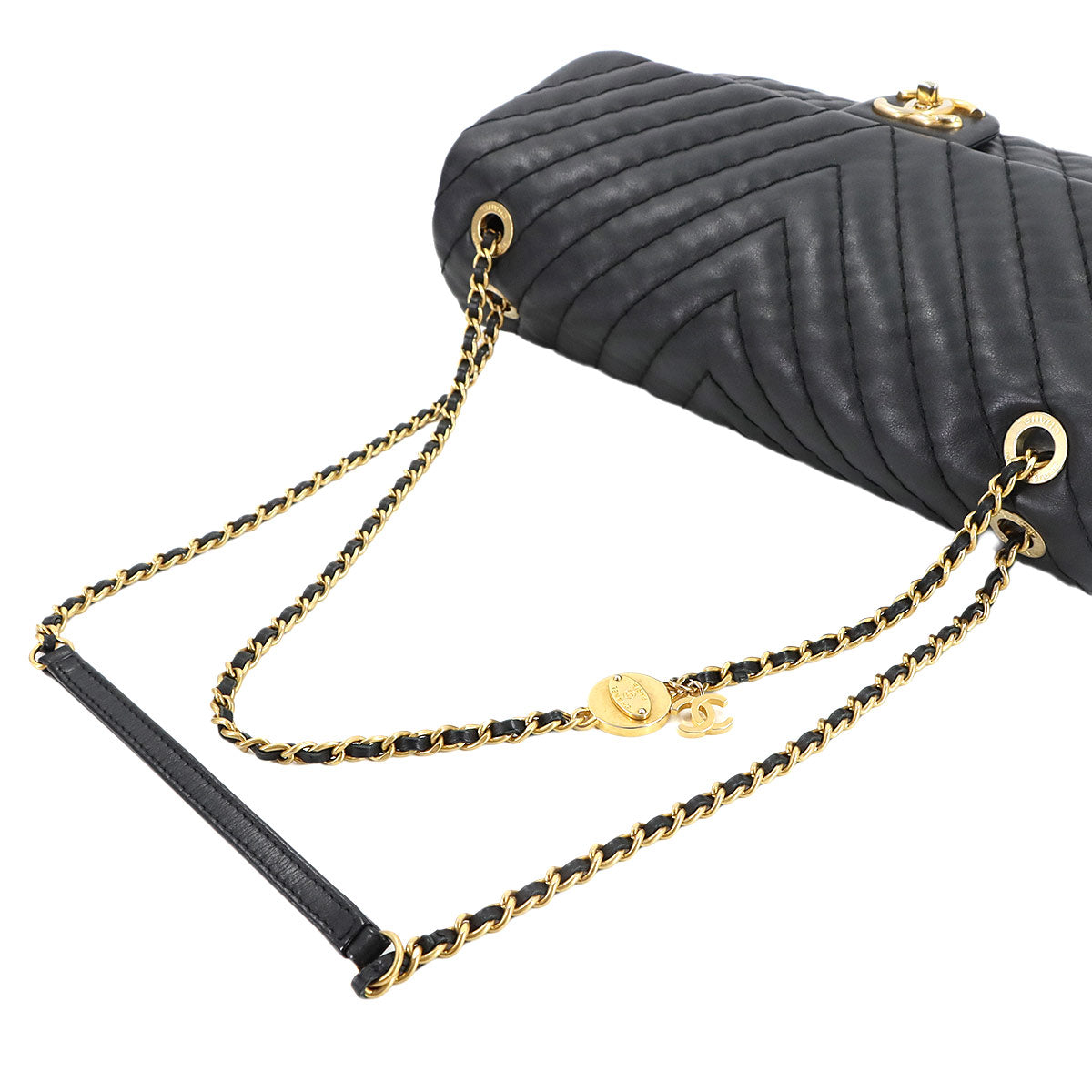 Chevron V Stitch Chain Shoulder Bag Leather Black Purse