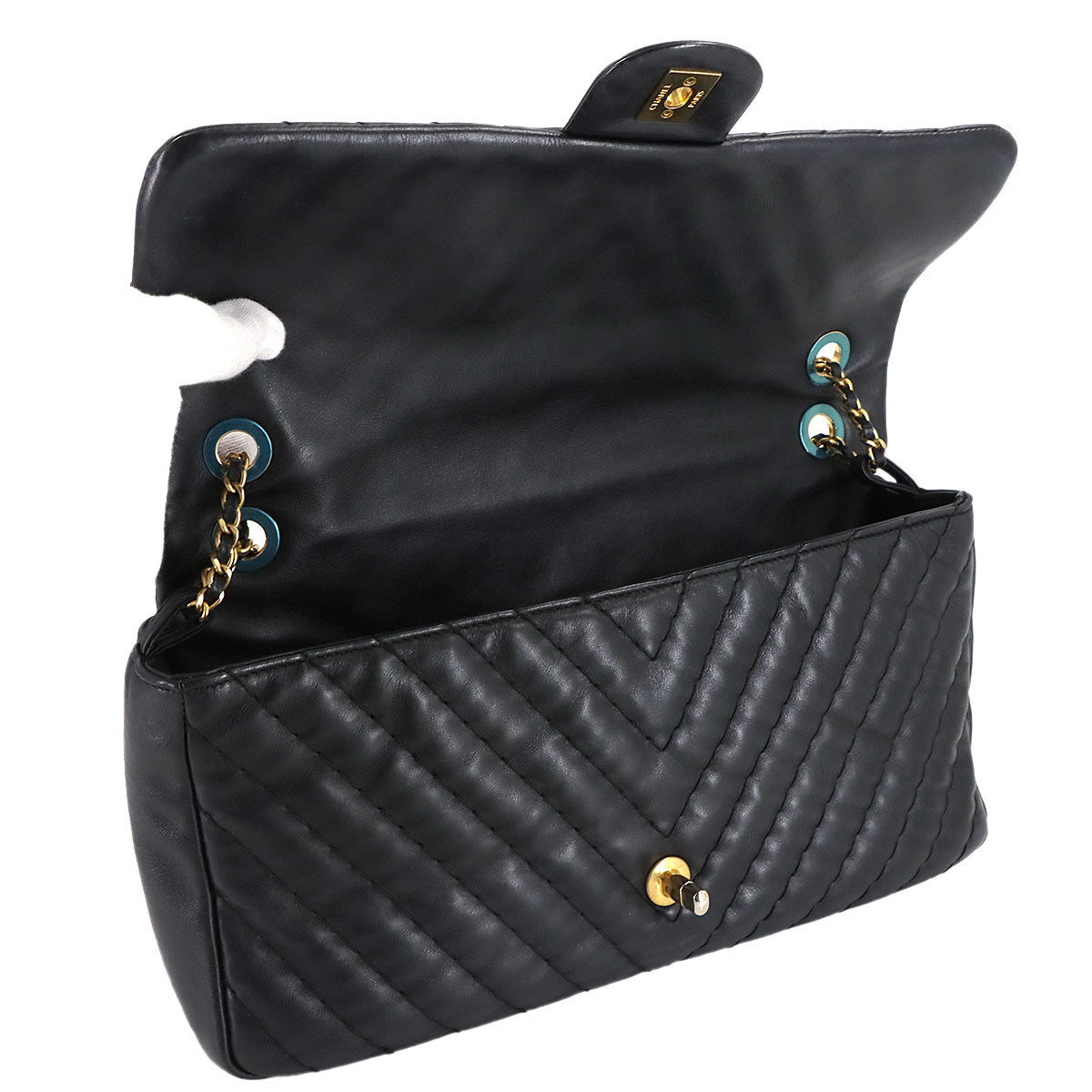 Chevron V Stitch Chain Shoulder Bag Leather Black Purse