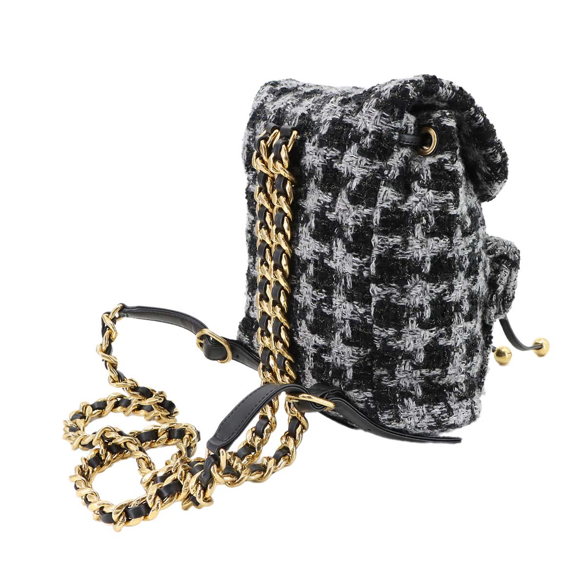 Chain Backpack Tweed Leather Black Gray Coco Logos