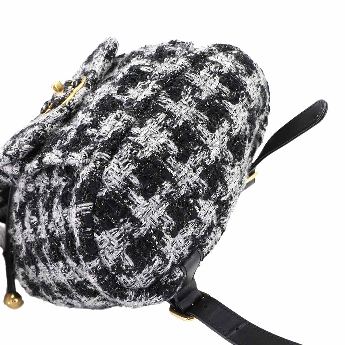 Chain Backpack Tweed Leather Black Gray Coco Logos