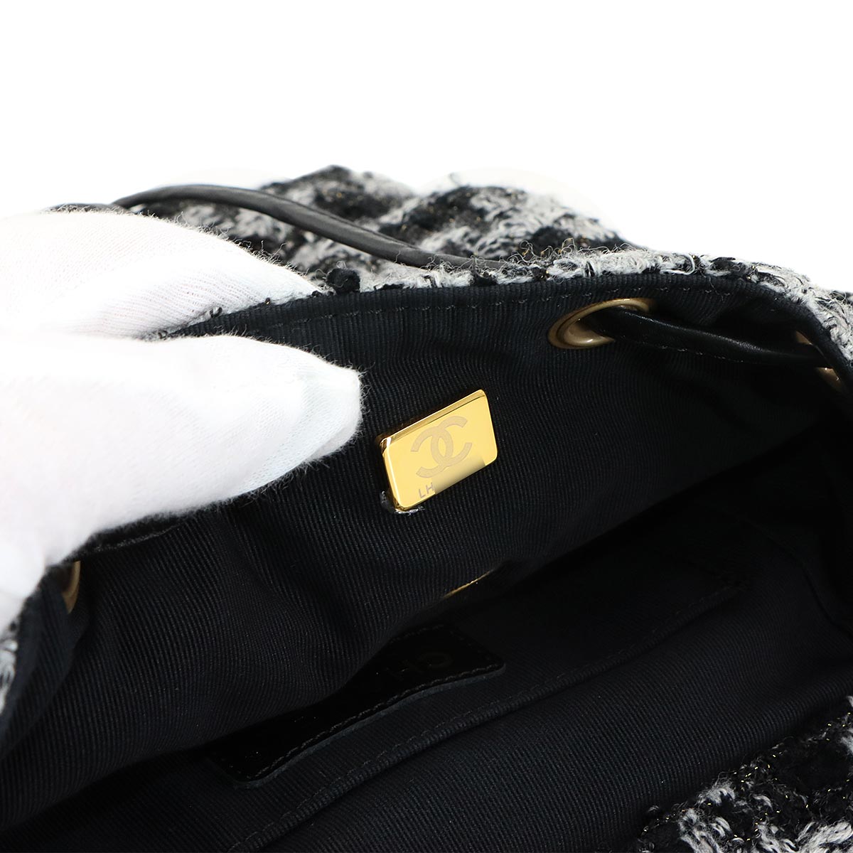 Chain Backpack Tweed Leather Black Gray Coco Logos