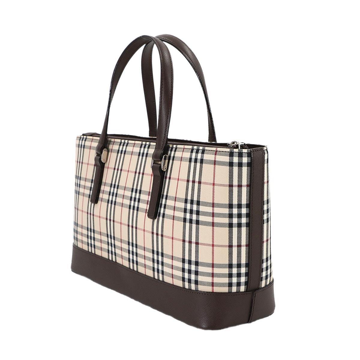 Plaid Hand Bag Canvas Leather Beige Brown Purse