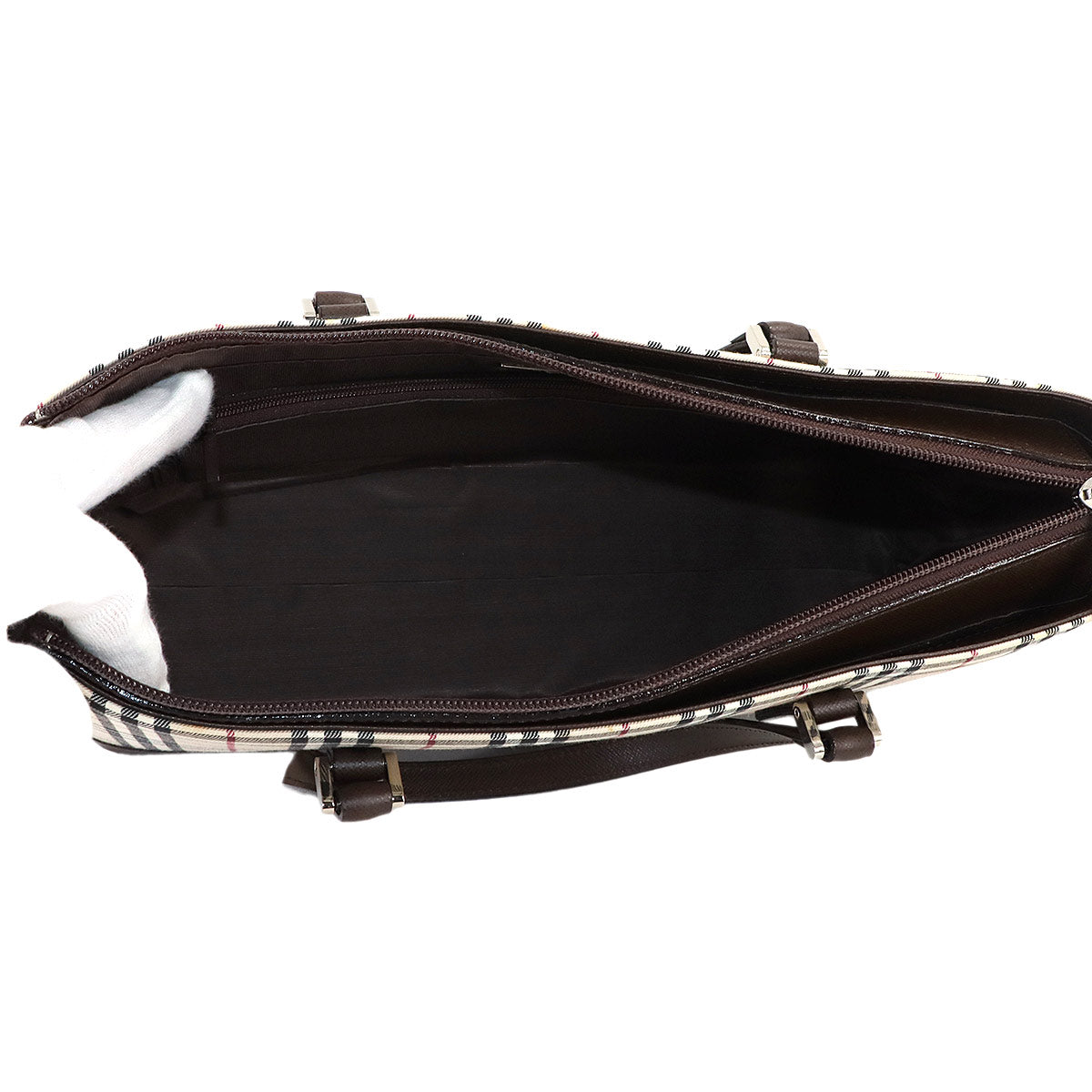 Plaid Hand Bag Canvas Leather Beige Brown Purse