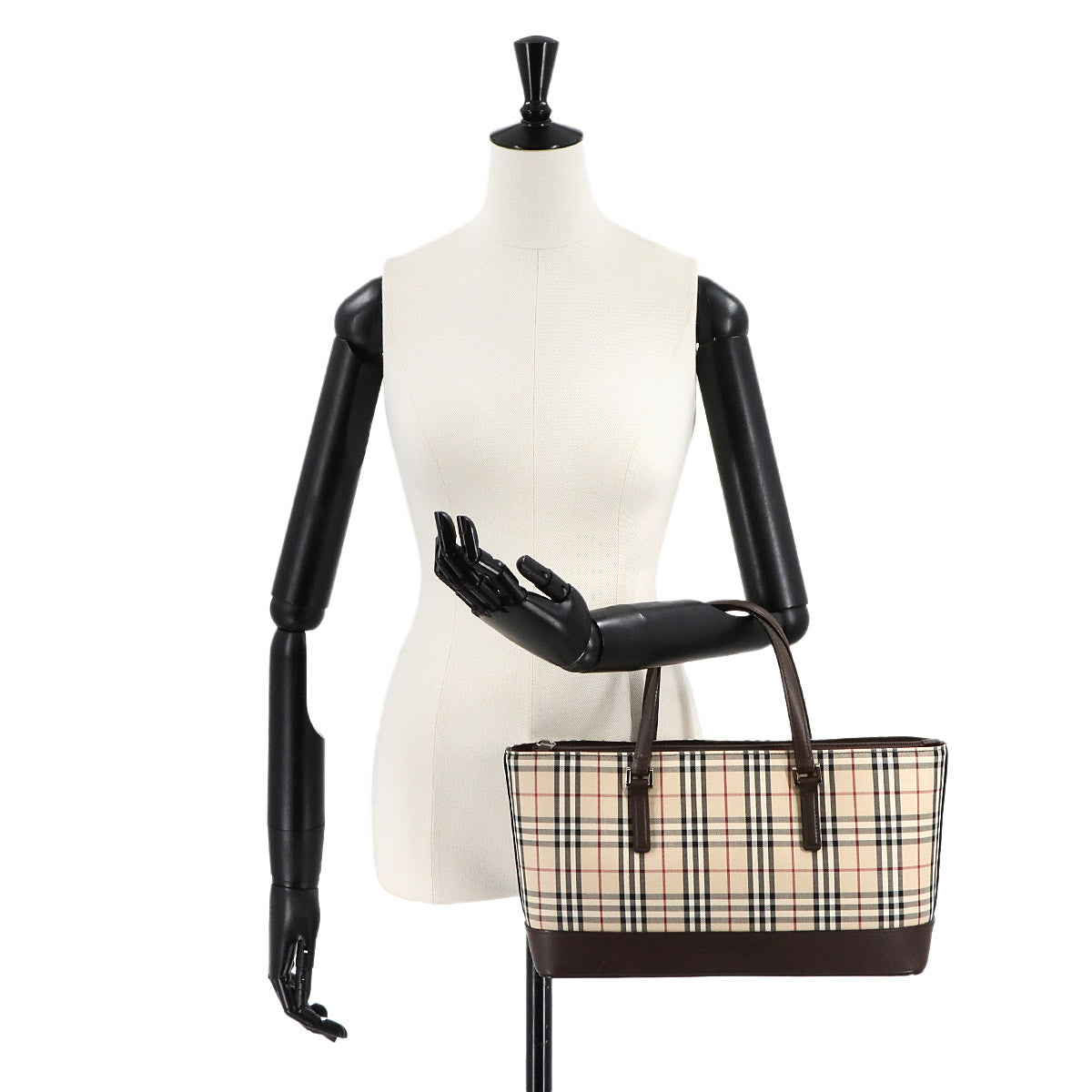 Plaid Hand Bag Canvas Leather Beige Brown Purse