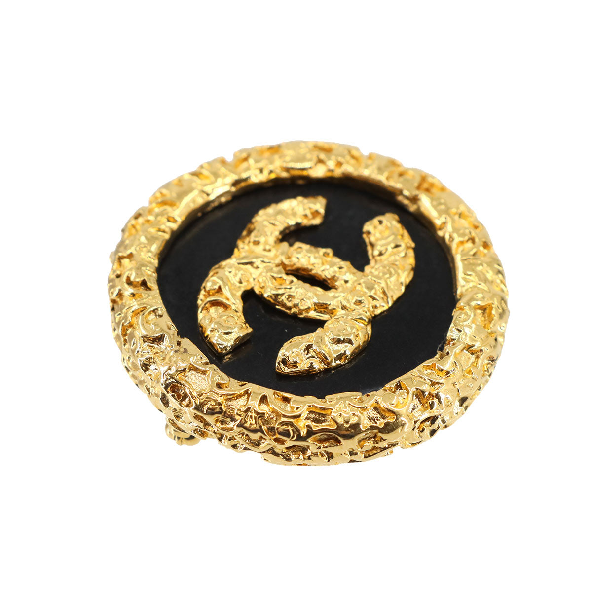 Coco Logos Round type Brooch Gold Black 93A Vintage Accessory