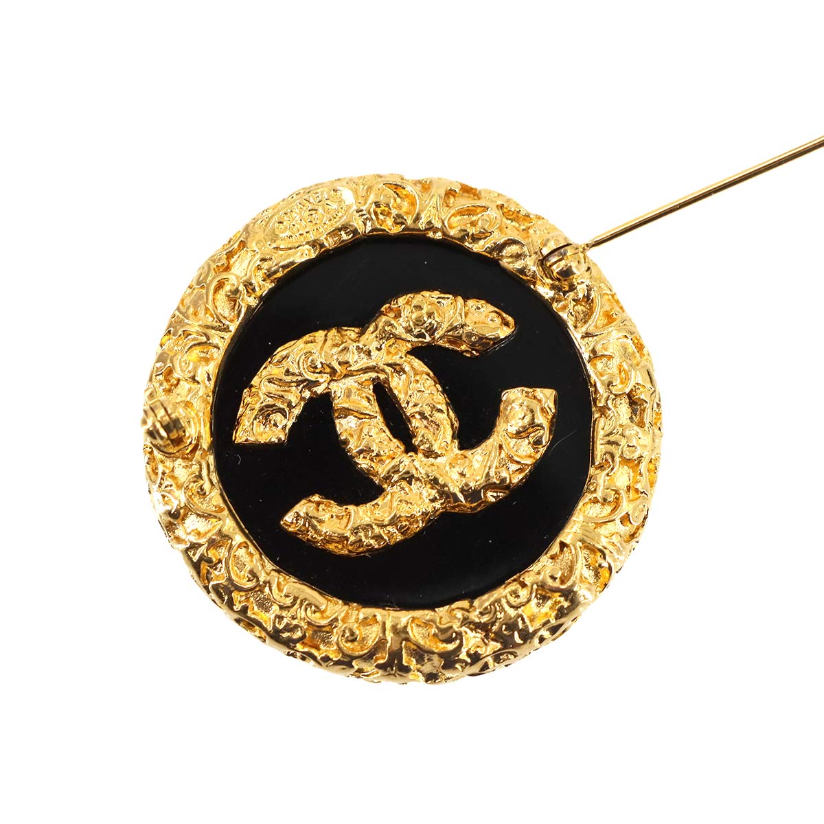 Coco Logos Round type Brooch Gold Black 93A Vintage Accessory