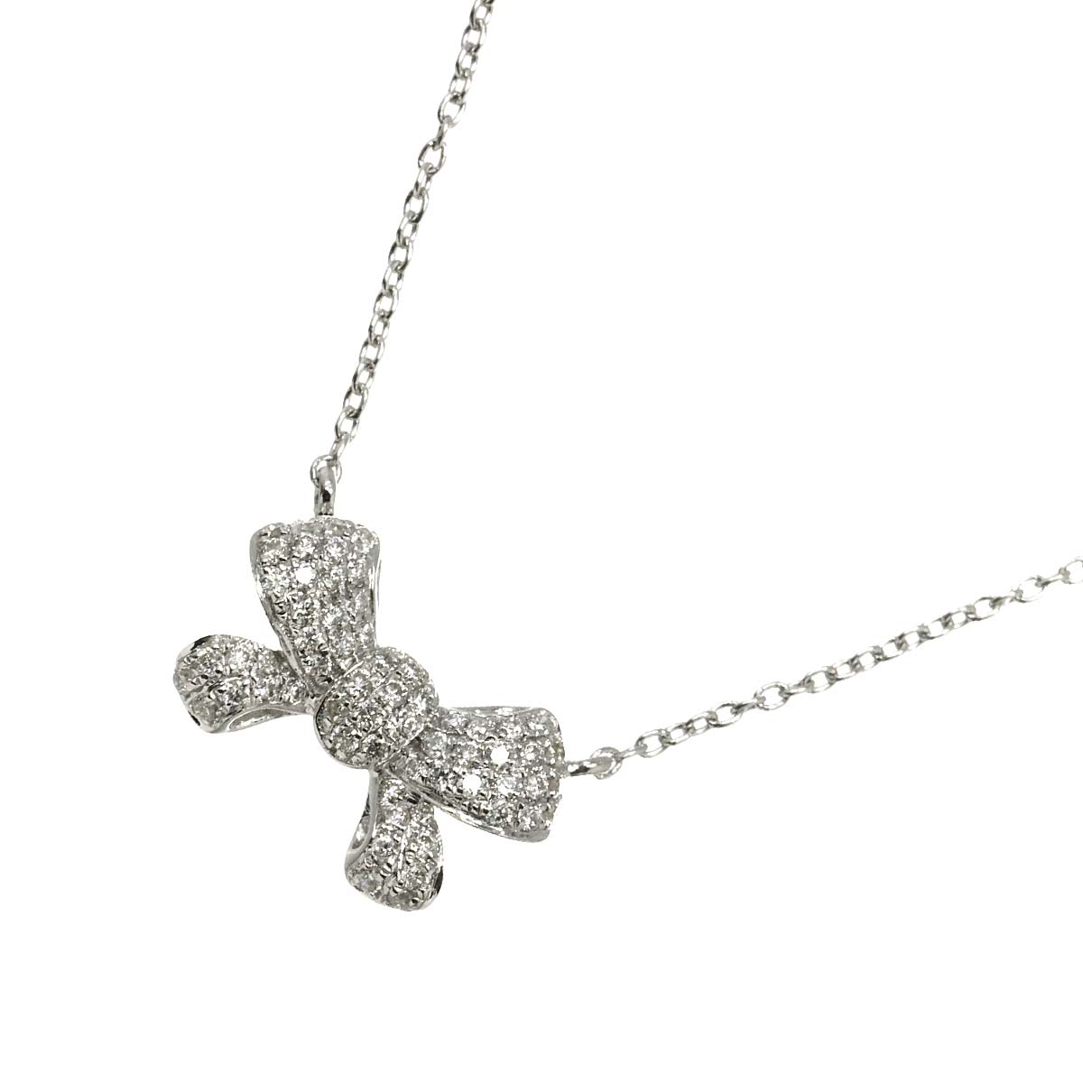 Ribbon Motif Diamond 0.22ct Necklace 18K White Gold 750