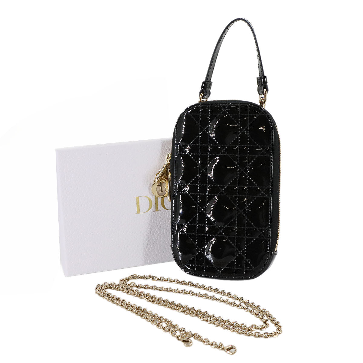 LADY DIOR Phone Holder Hand Shoulder Bag Enamel Black