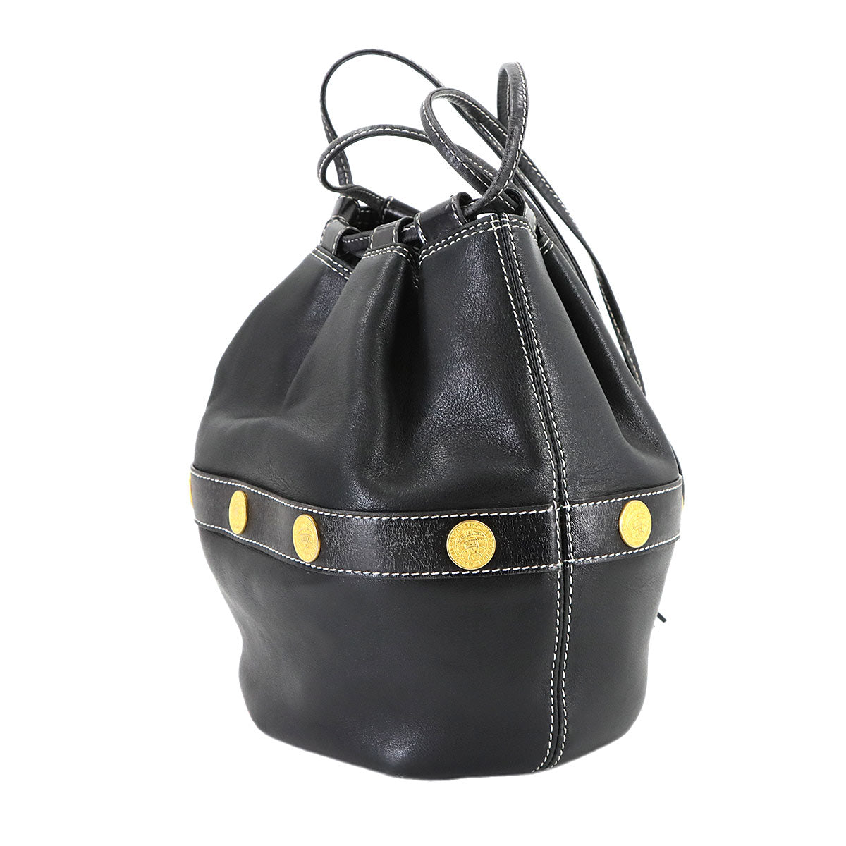 Drawstrings Shoulder Bag Leather Black Vintage Purse