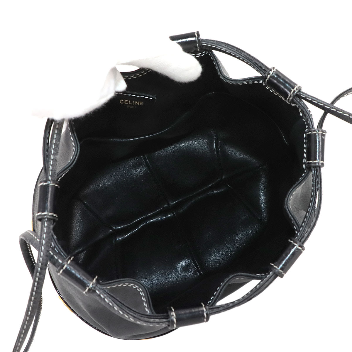 Drawstrings Shoulder Bag Leather Black Vintage Purse