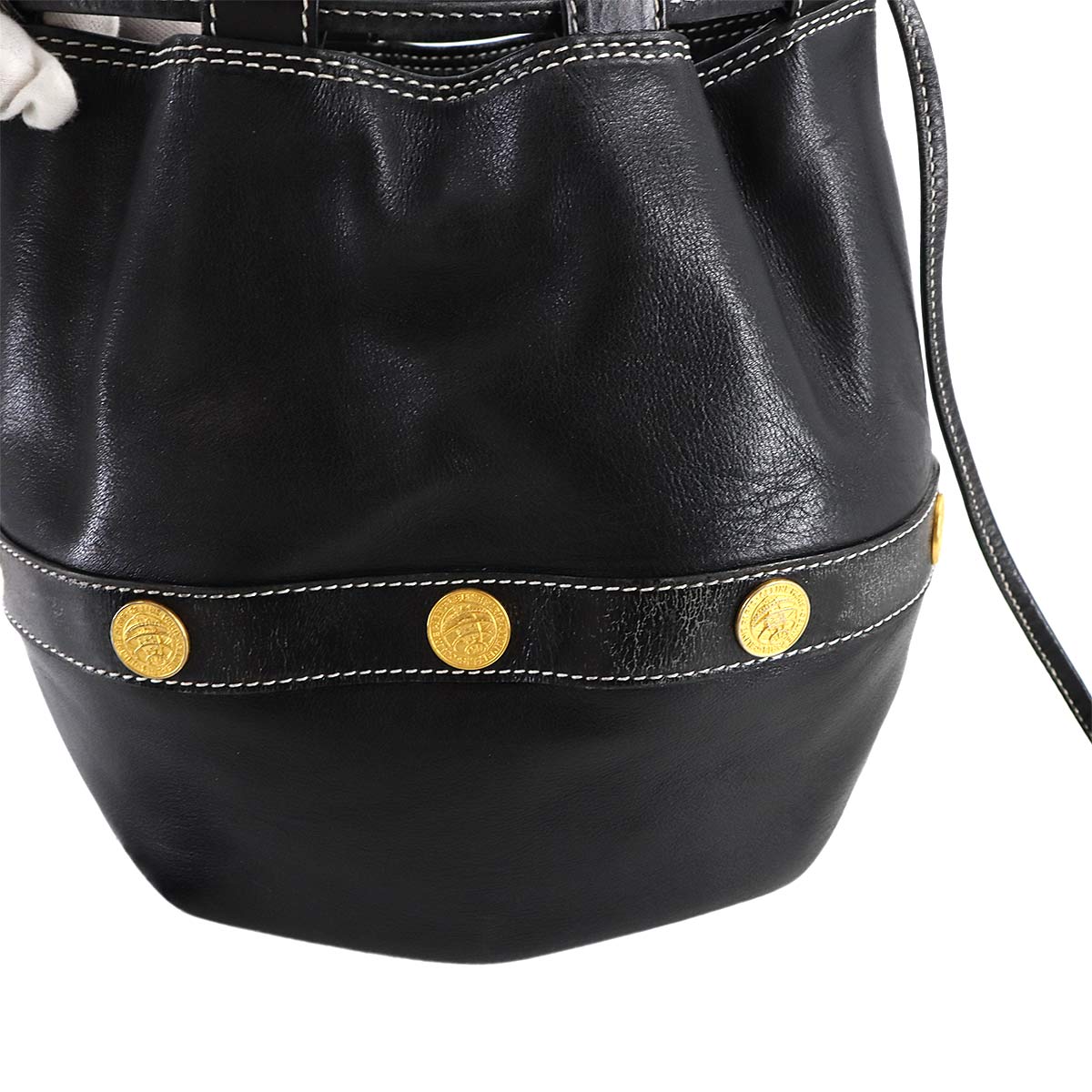 Drawstrings Shoulder Bag Leather Black Vintage Purse