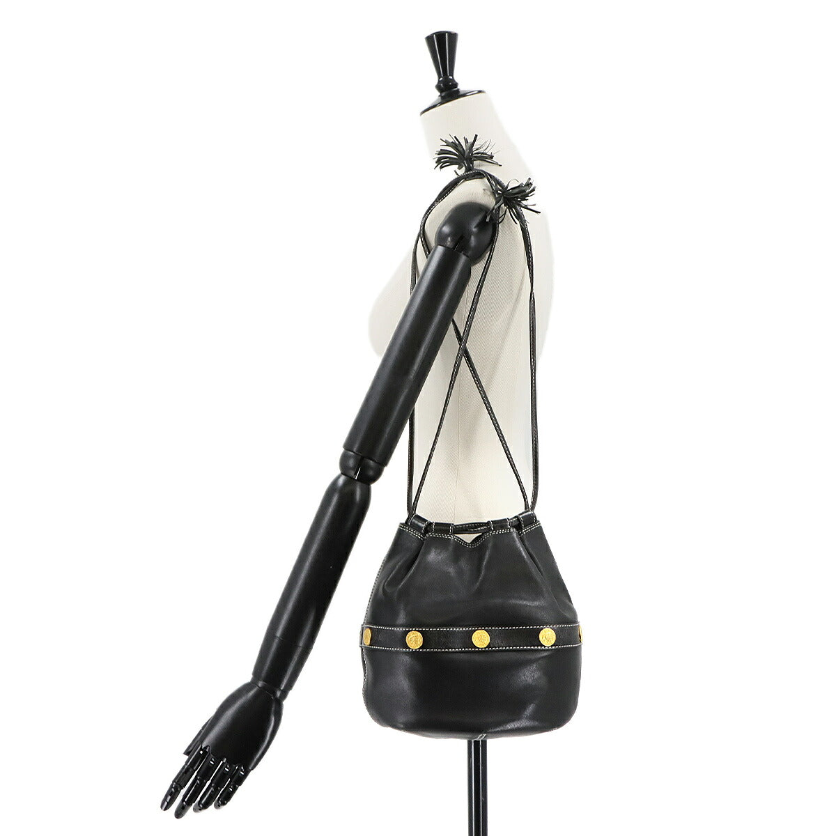 Drawstrings Shoulder Bag Leather Black Vintage Purse