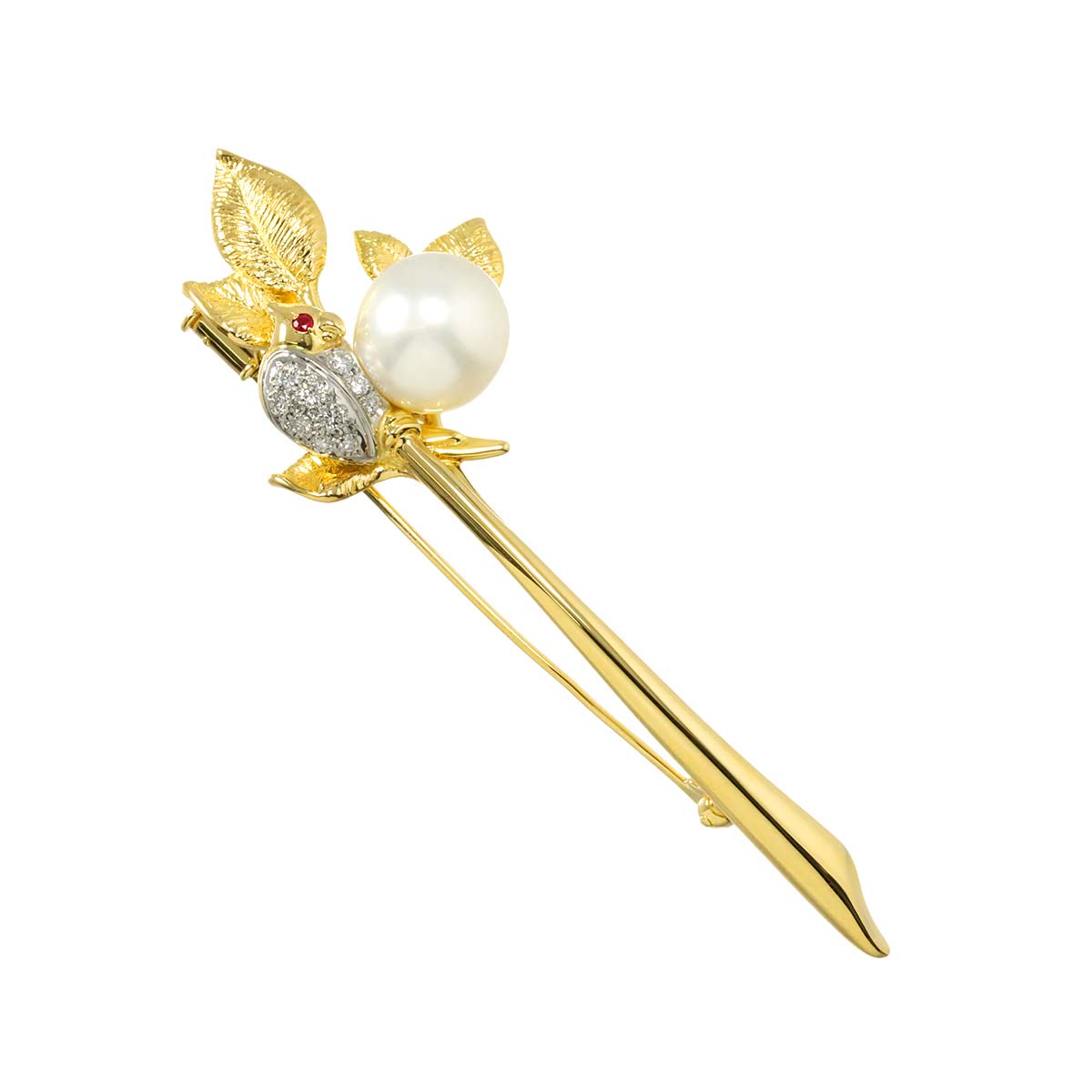 South Sea pearl 10.8mm Diamond 0.16ct Ruby Brooch 18K YG 750 Pt