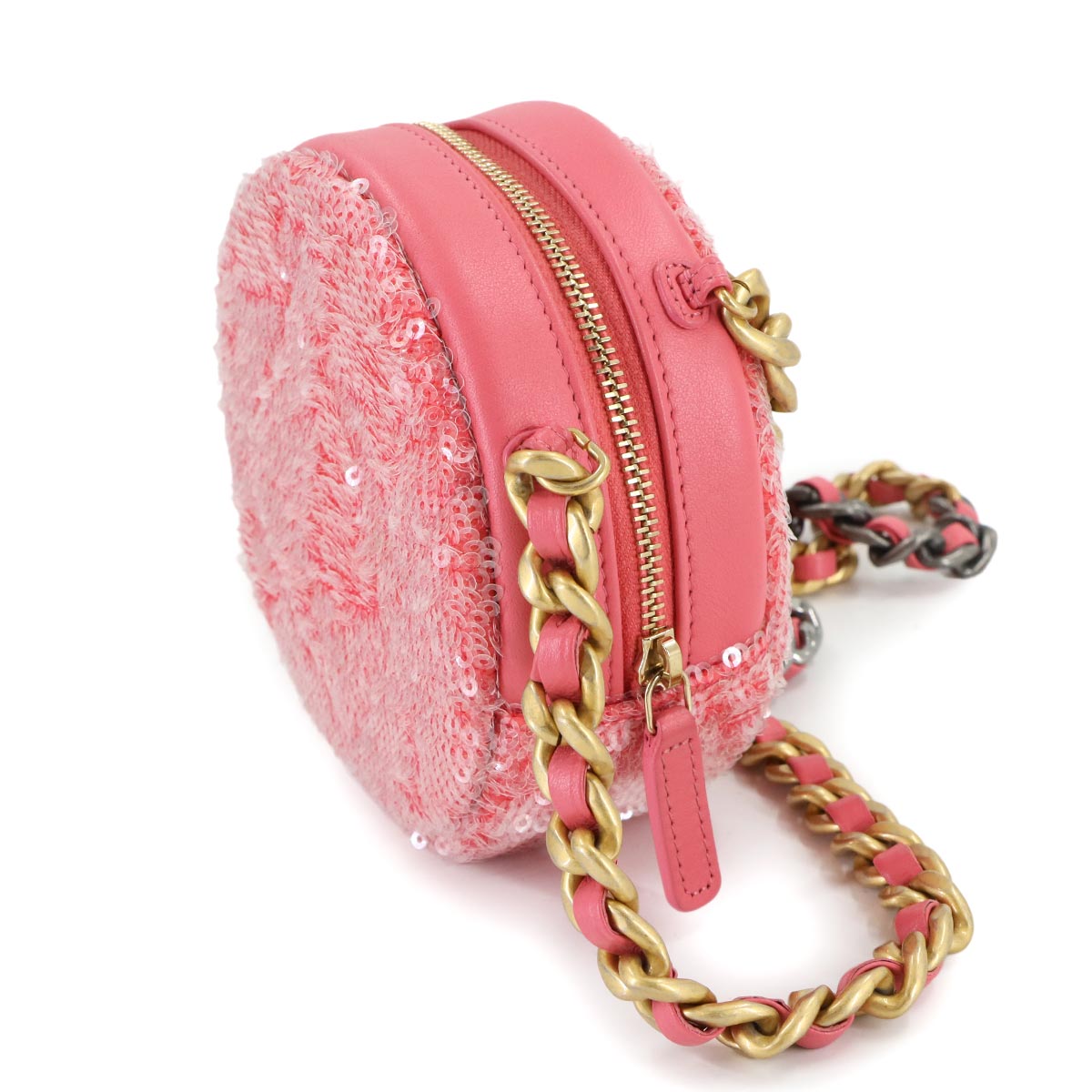19 Round Clutch Chain Shoulder Bag Sequins Leather Pink AP0945