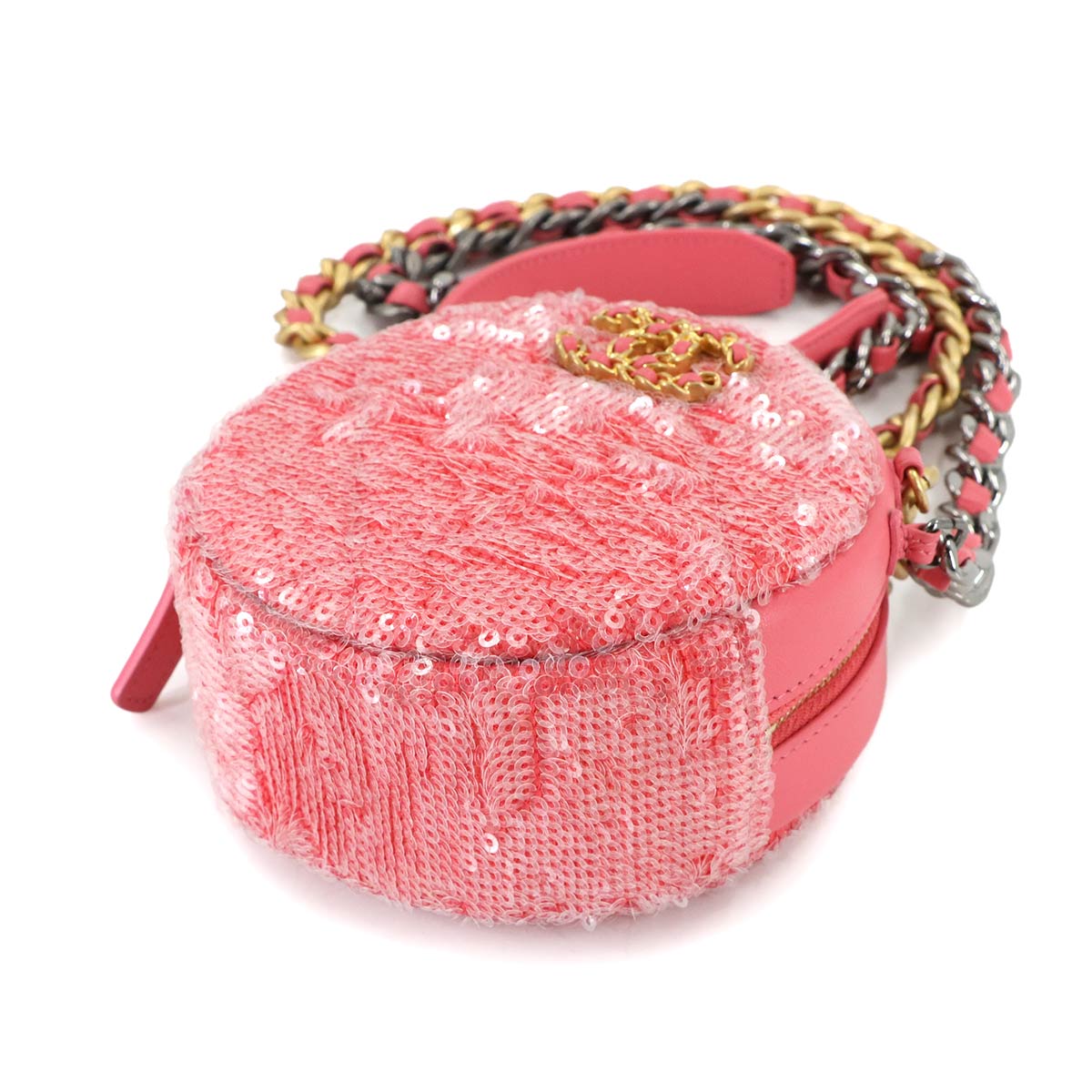 19 Round Clutch Chain Shoulder Bag Sequins Leather Pink AP0945