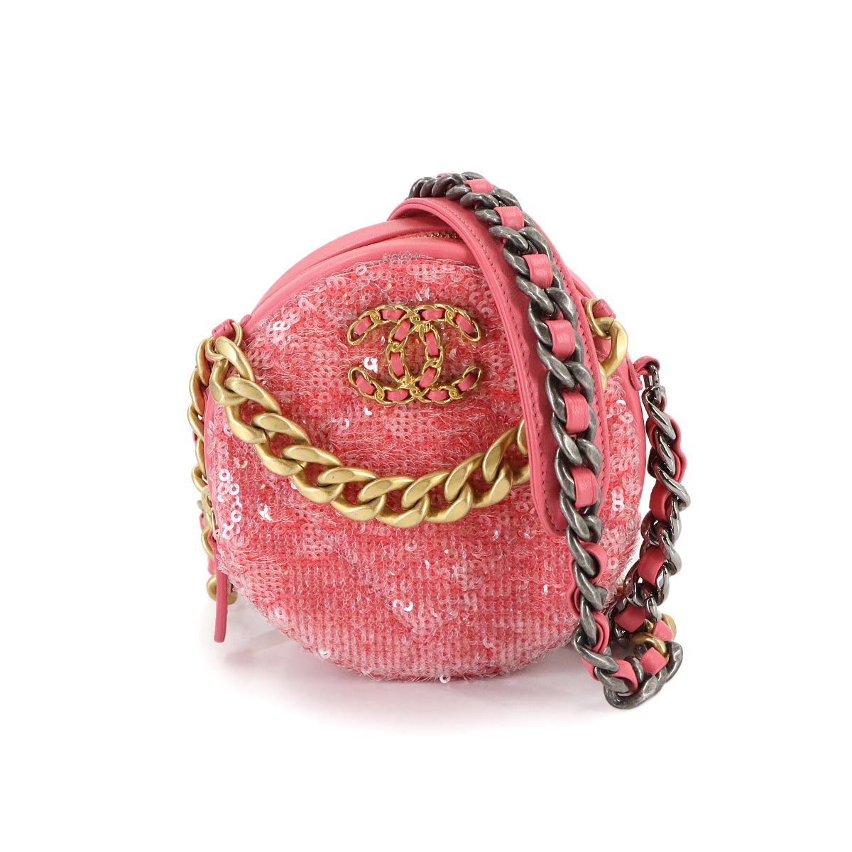 19 Round Clutch Chain Shoulder Bag Sequins Leather Pink AP0945
