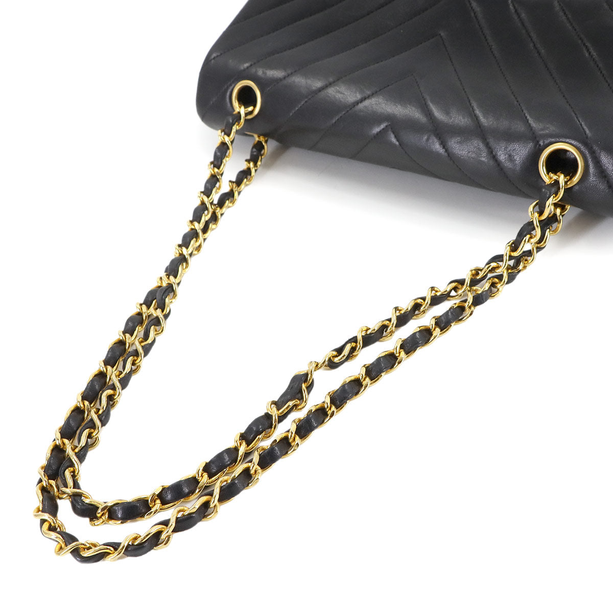 Chevron V Stitch Chain Shoulder Bag Leather Black A01112 Purse