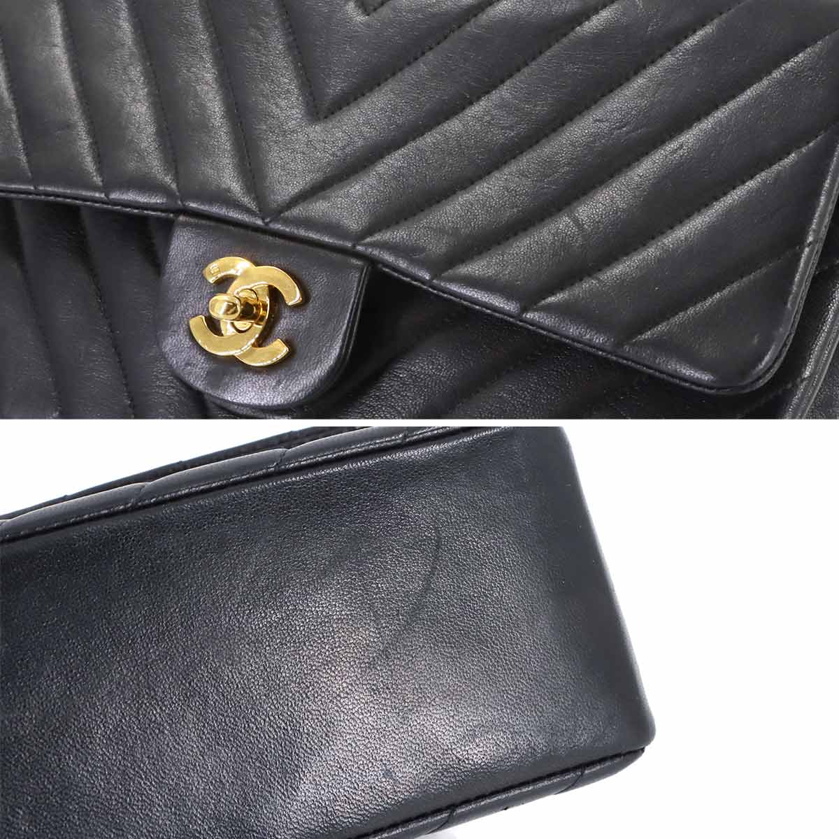 Chevron V Stitch Chain Shoulder Bag Leather Black A01112 Purse