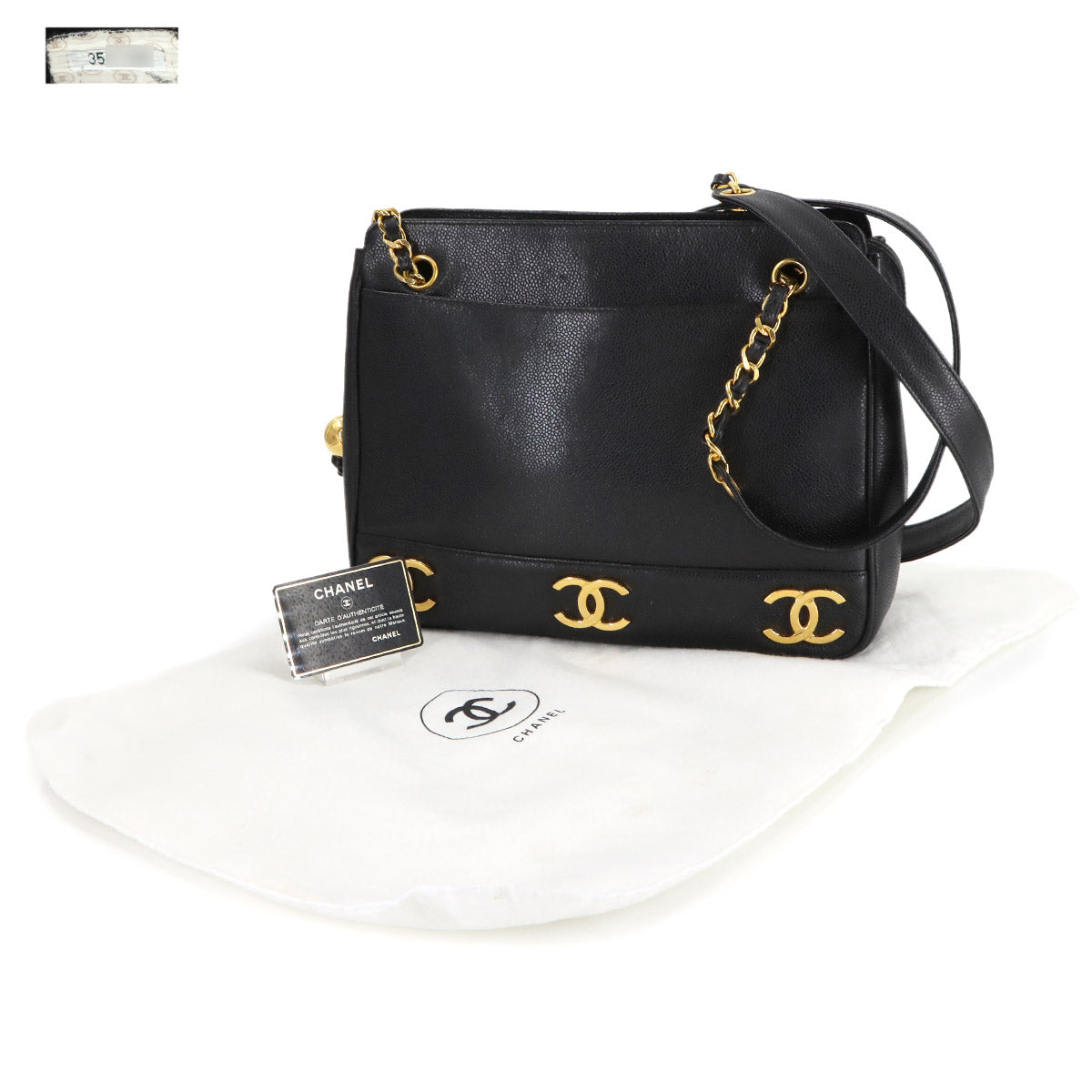 Triple Coco Tote Bag Leather Black Vintage A03675