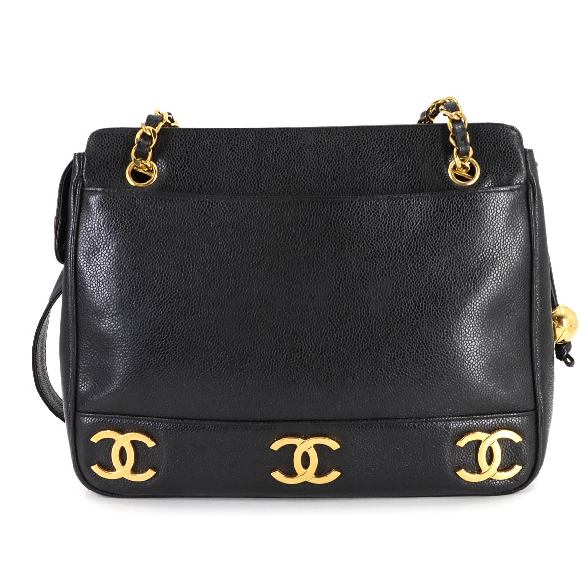 Triple Coco Tote Bag Leather Black Vintage A03675