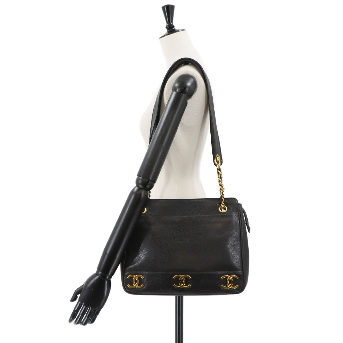 Triple Coco Tote Bag Leather Black Vintage A03675