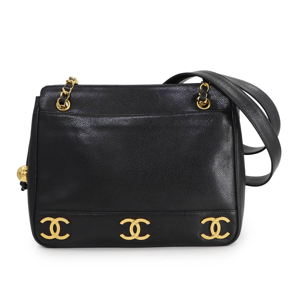 Triple Coco Tote Bag Leather Black Vintage A03675
