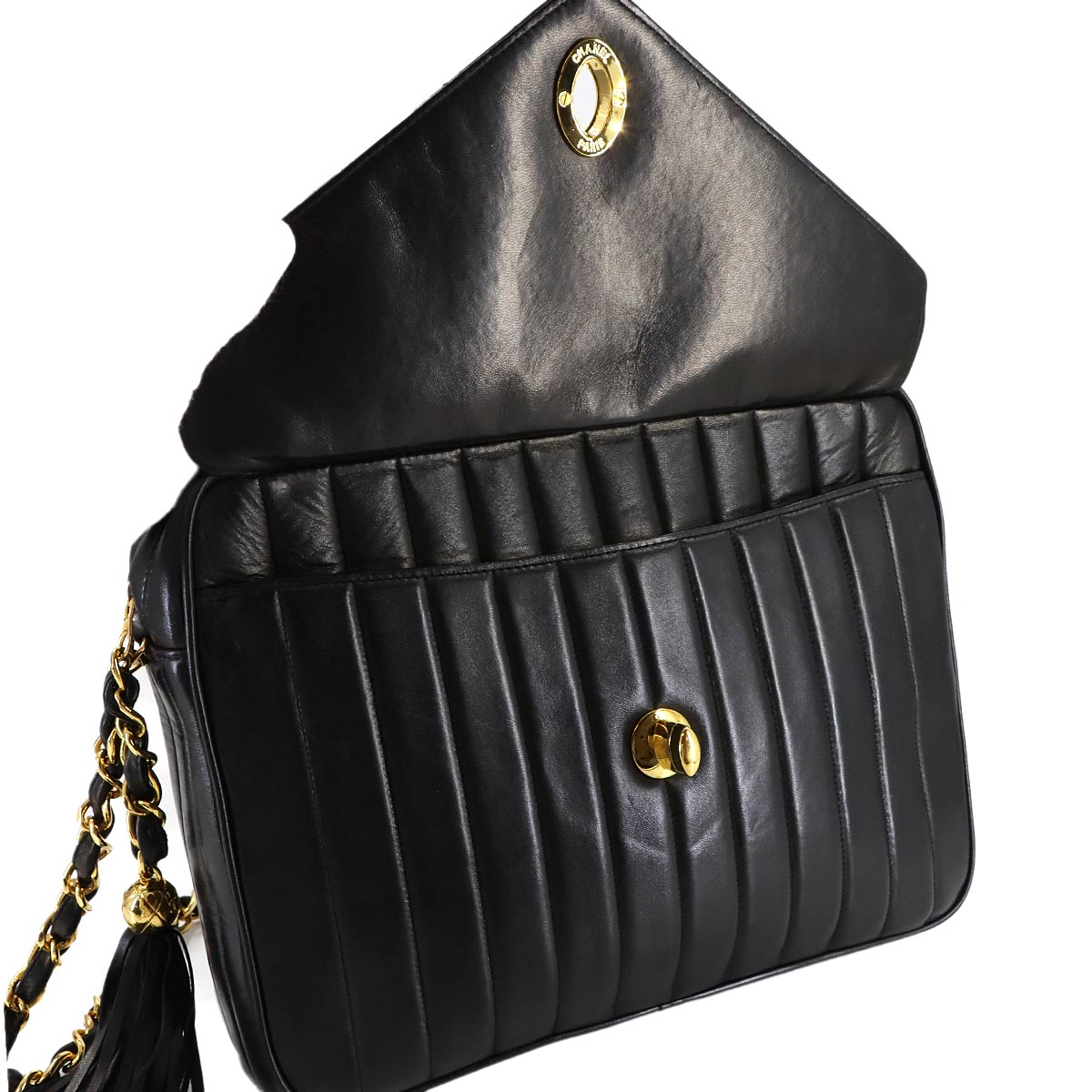 Mademoiselle Chain Shoulder Bag Leather Black Vintage