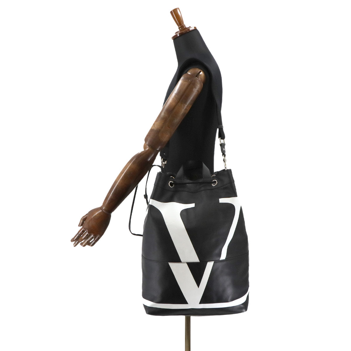 VLTN Logos Tote Shoulder Bag Leather Black White