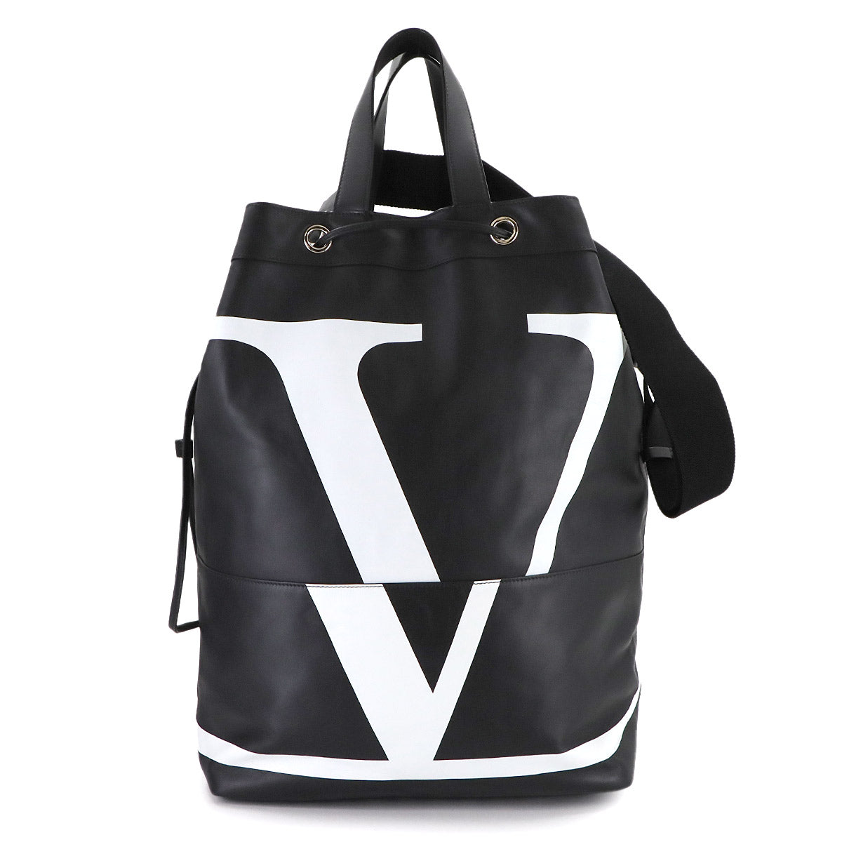 VLTN Logos Tote Shoulder Bag Leather Black White