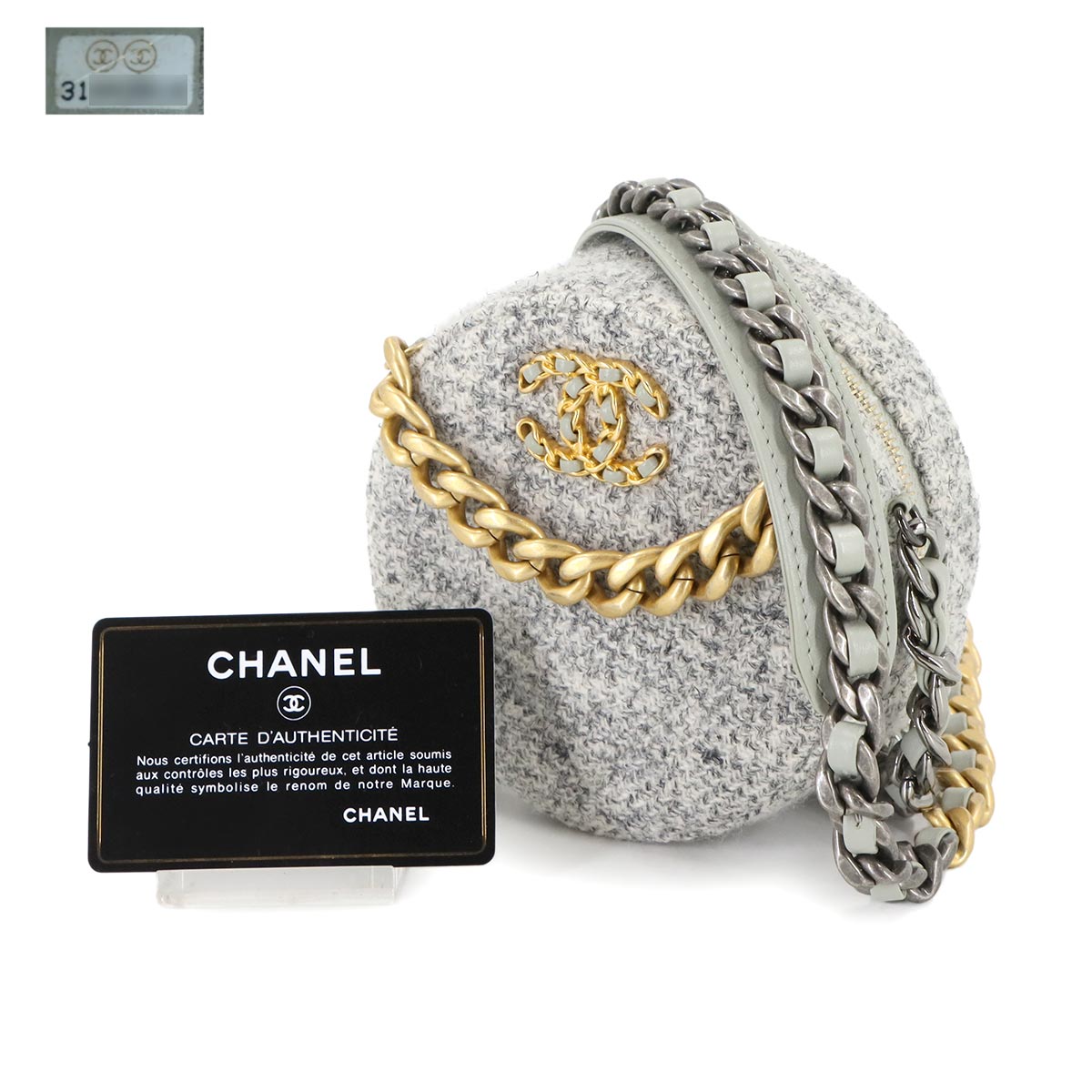 CHANEL 19 Round Clutch Chain Shoulder Bag Tweed Leather Gray AP0945