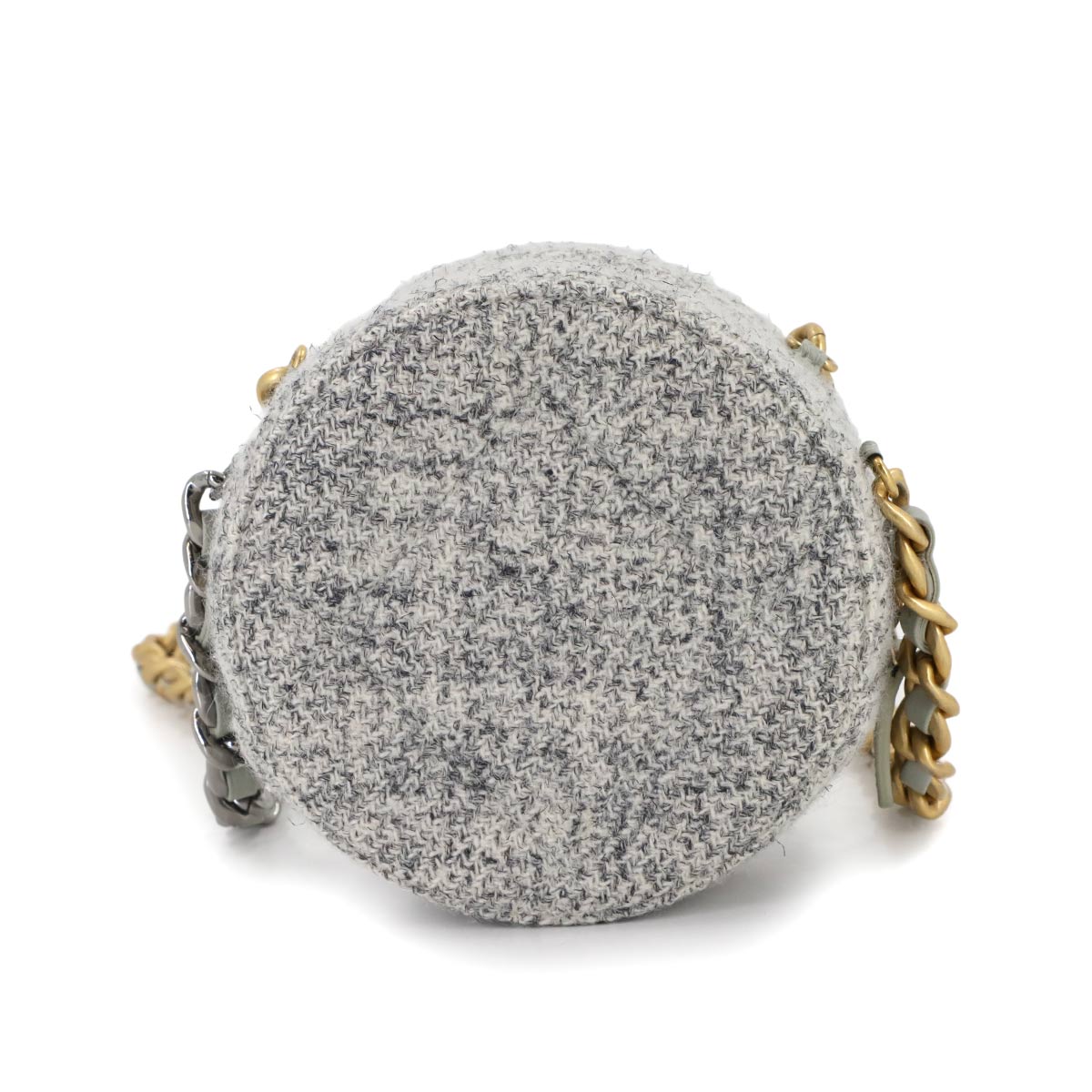 CHANEL 19 Round Clutch Chain Shoulder Bag Tweed Leather Gray AP0945