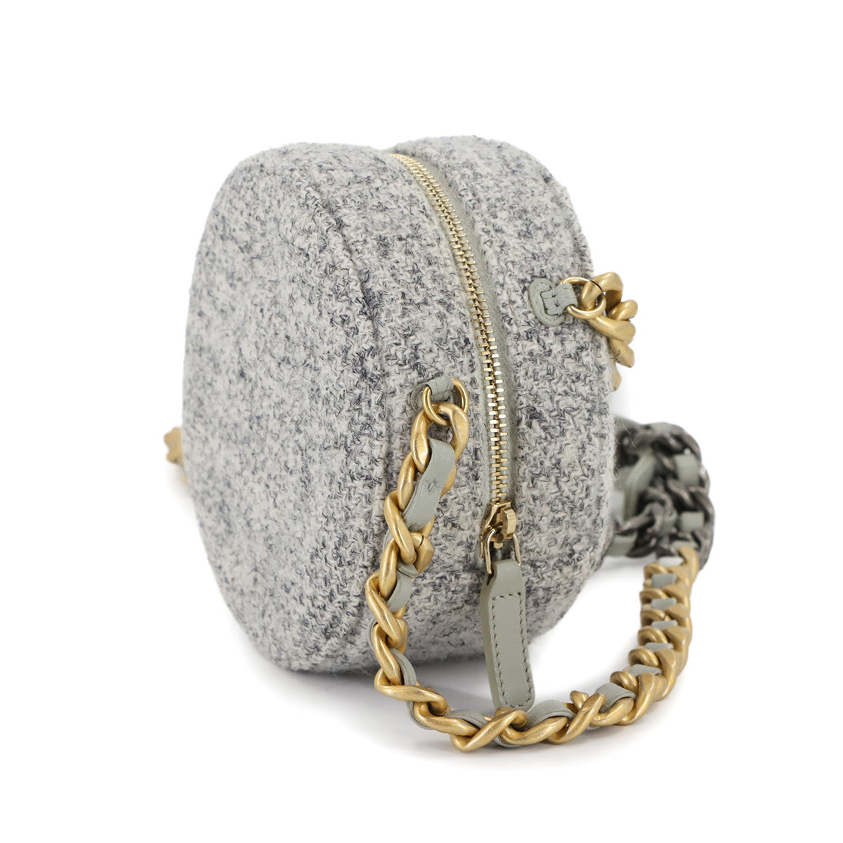 CHANEL 19 Round Clutch Chain Shoulder Bag Tweed Leather Gray AP0945