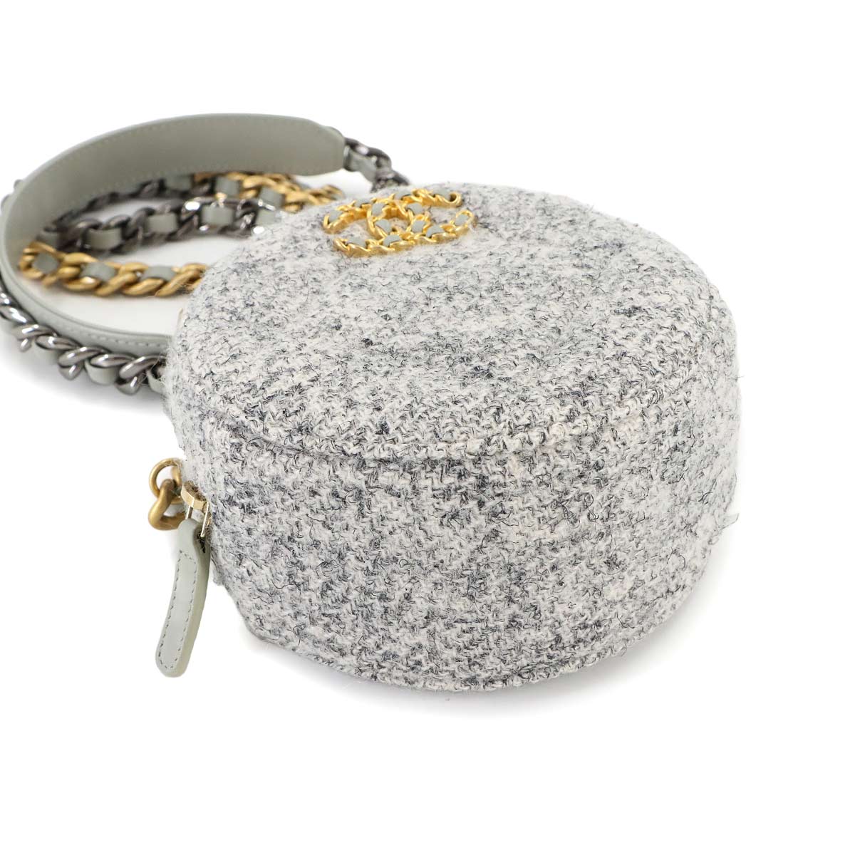CHANEL 19 Round Clutch Chain Shoulder Bag Tweed Leather Gray AP0945