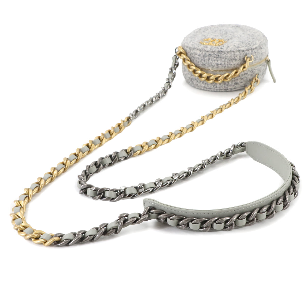 CHANEL 19 Round Clutch Chain Shoulder Bag Tweed Leather Gray AP0945