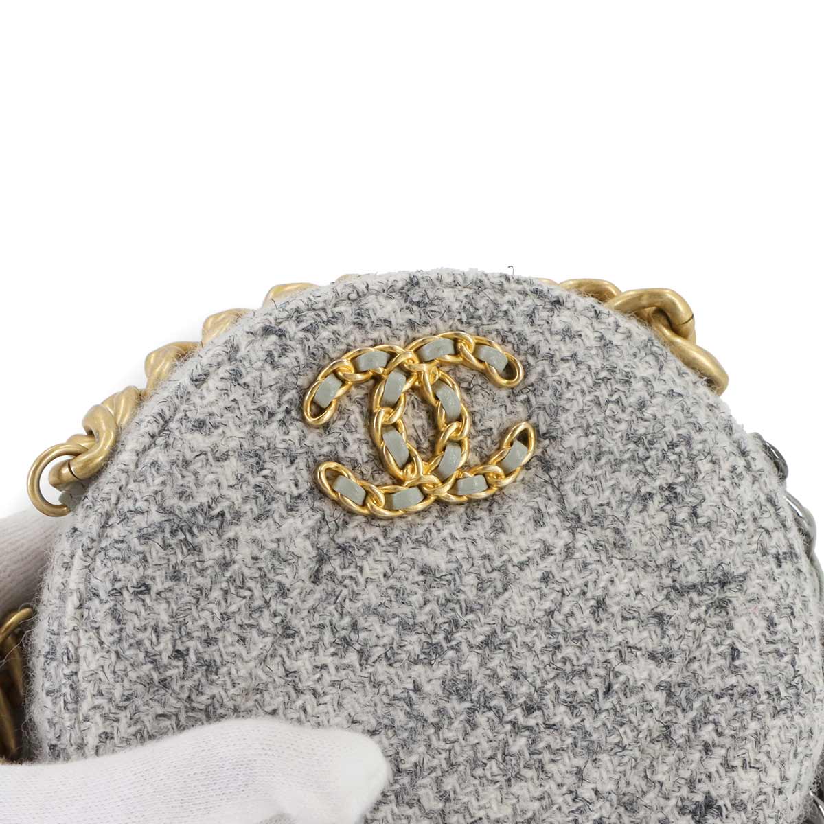 CHANEL 19 Round Clutch Chain Shoulder Bag Tweed Leather Gray AP0945
