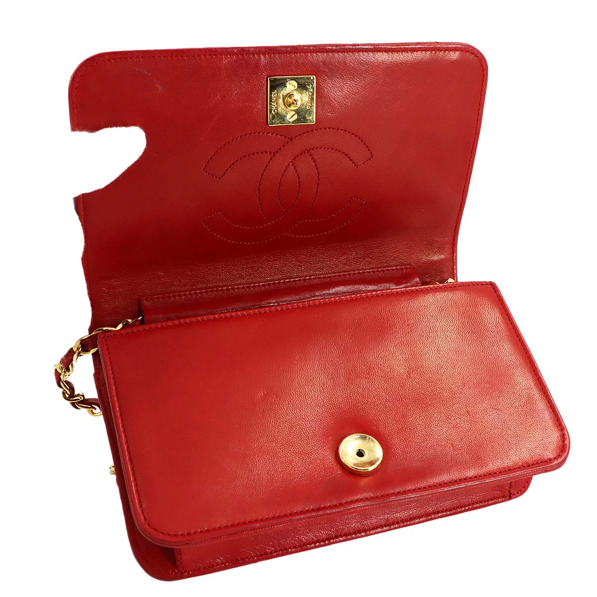 Matelasse Chain Shoulder Bag Leather Red Vintage