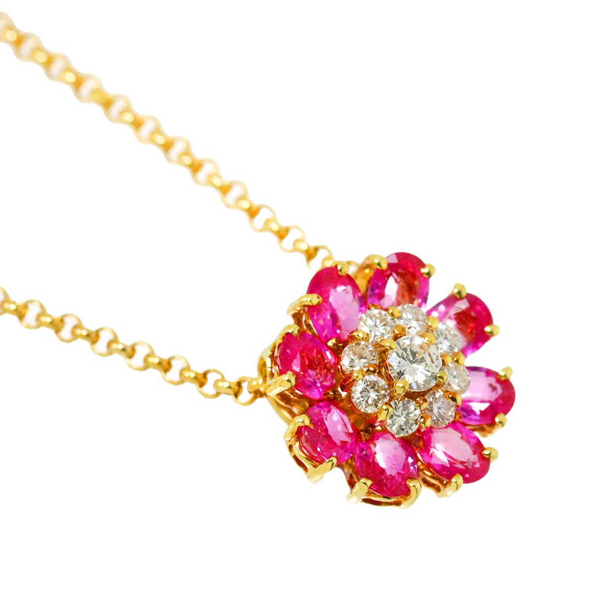 Ruby 1.56ct Diamond 0.30ct Flower Necklace 18K PG 750