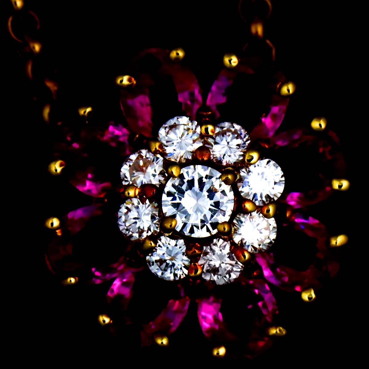Ruby 1.56ct Diamond 0.30ct Flower Necklace 18K PG 750
